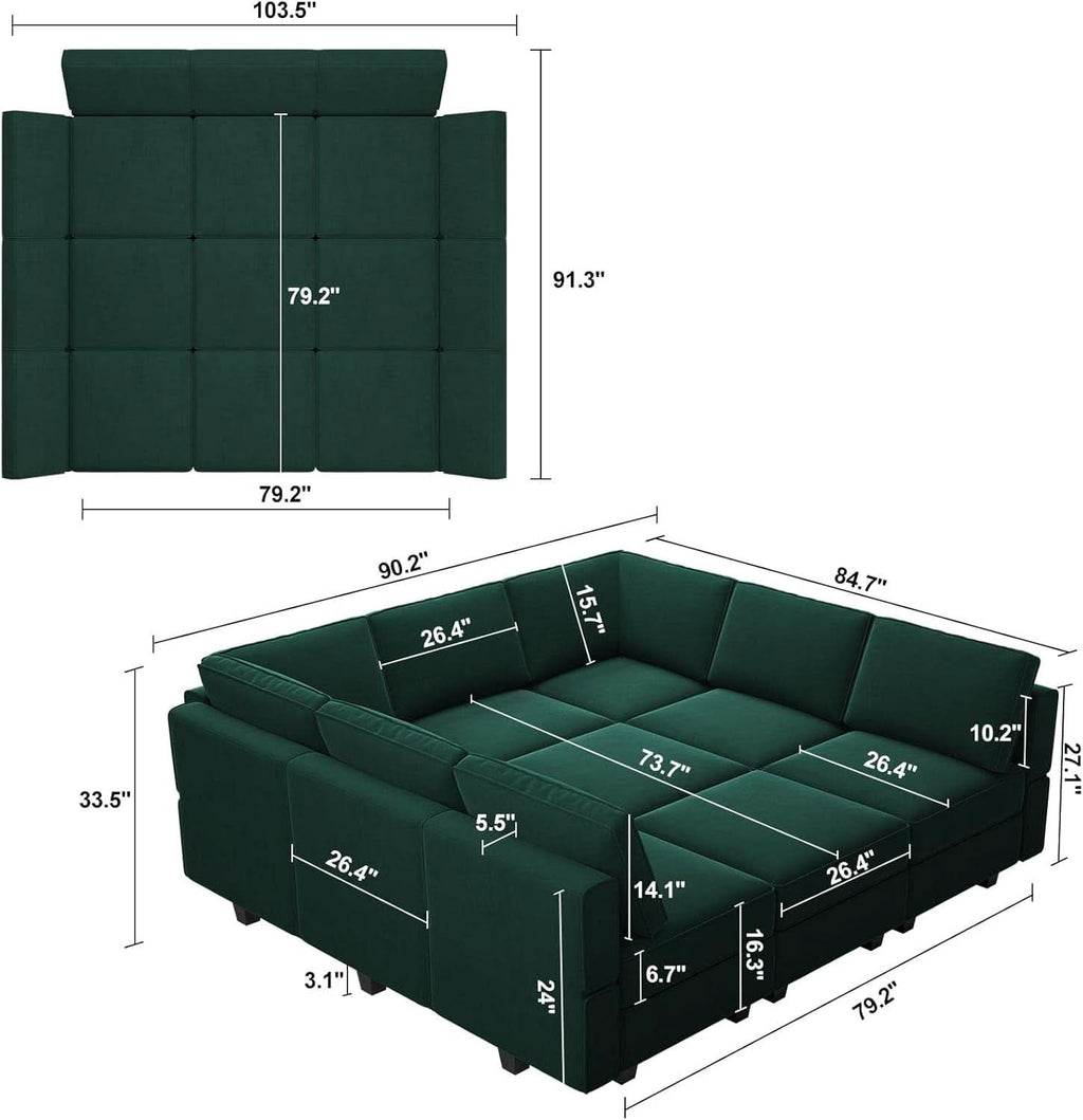 Luxurious Emerald Green Velvet Modular Sleeper Sofa ShipItFurniture