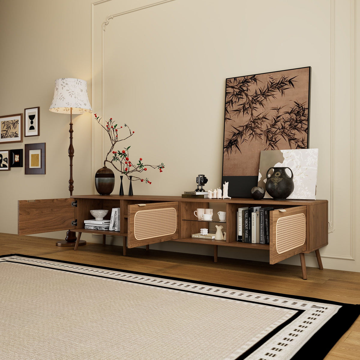 78" TV Stand With Ample Storage And Open Shelving - Walnut Unique Piece Furniture