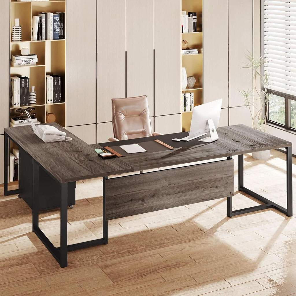 Extra Large L Shaped Executive Desk Retro Gray Drawer Cabinet ShipItFurniture