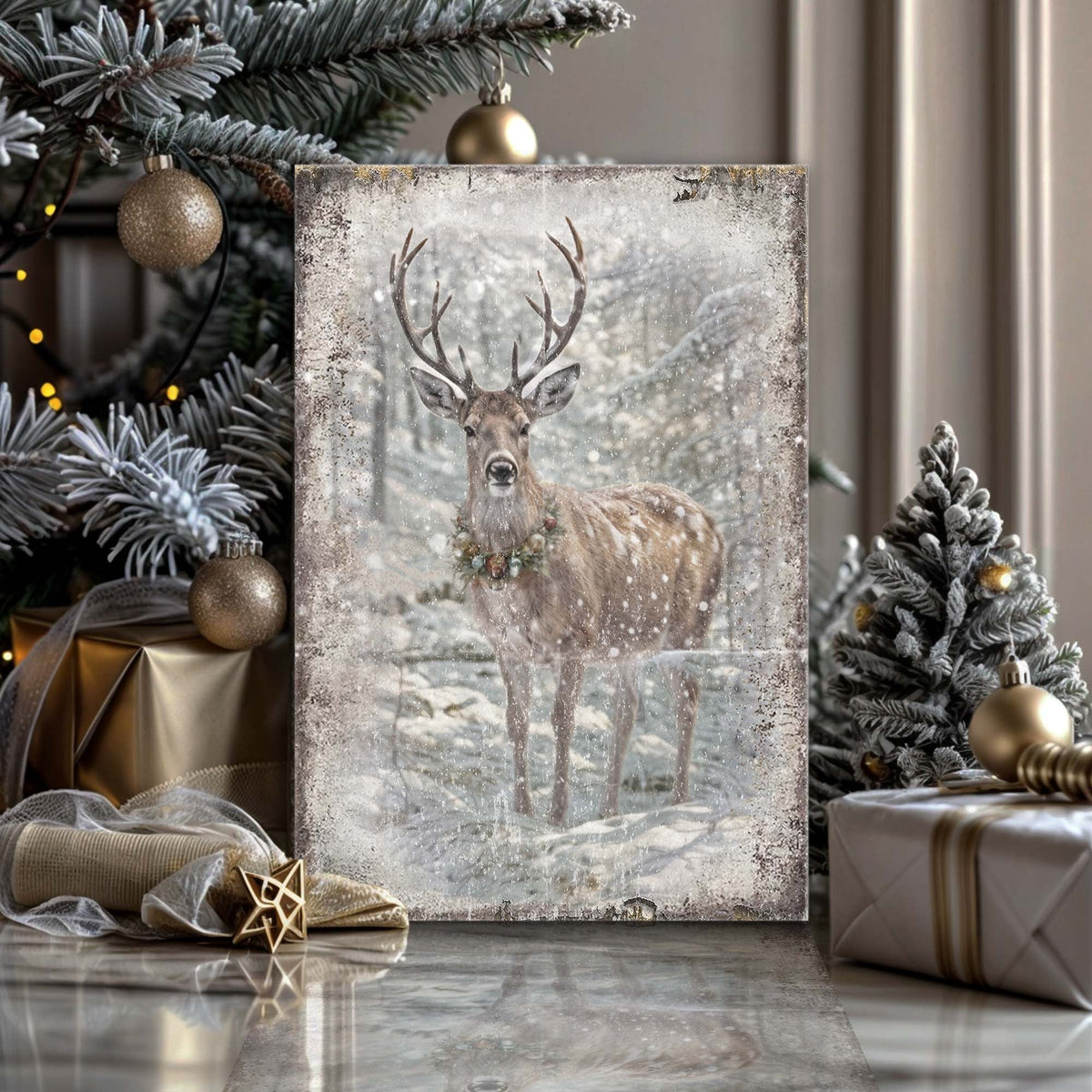 Vintage Winter Deer Christmas Wall Art III Tailored Canvases