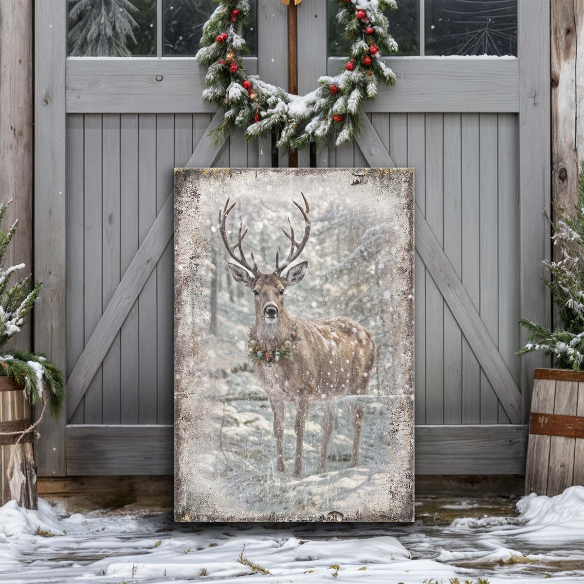 Vintage Winter Deer Christmas Wall Art III Tailored Canvases