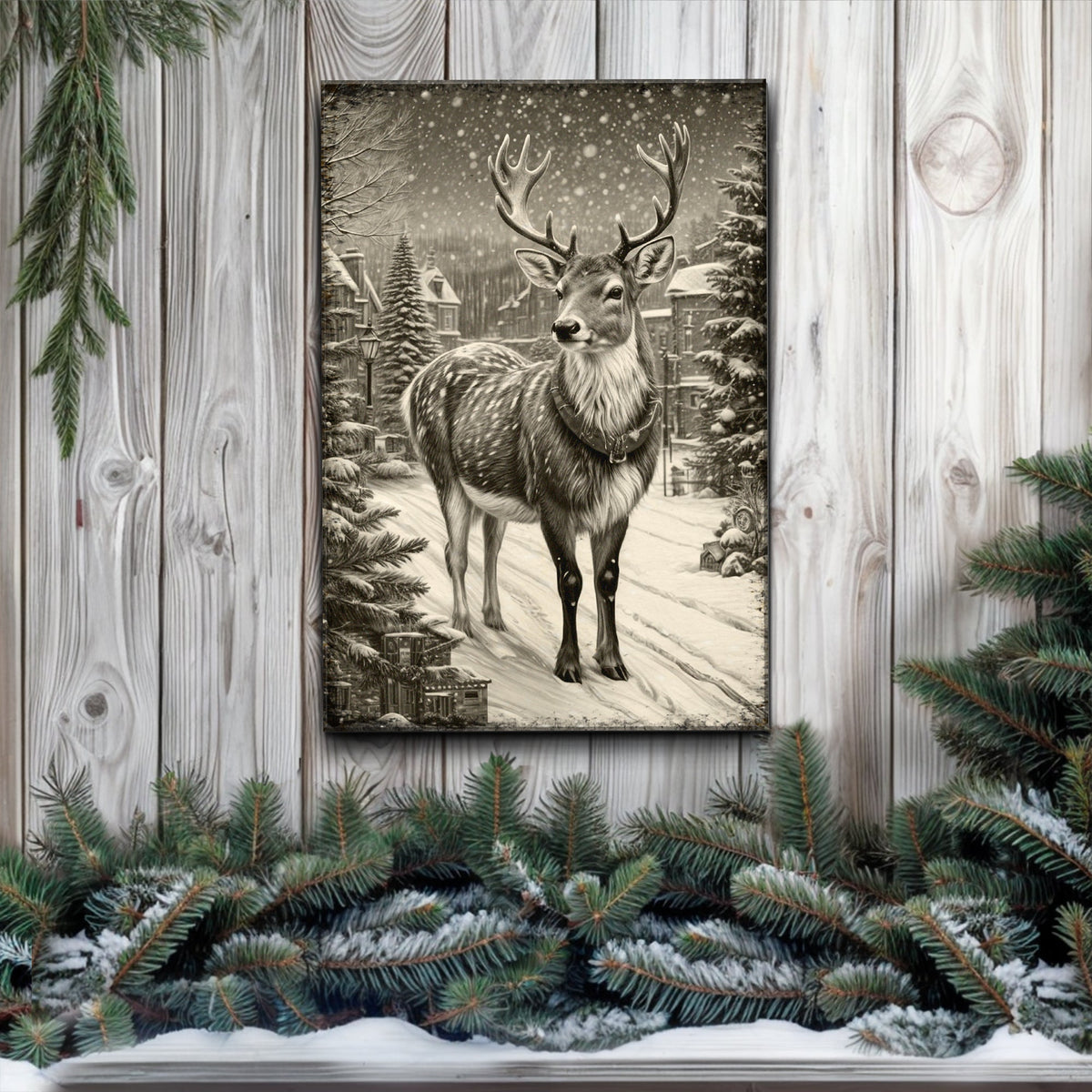 Vintage Winter Deer Christmas Wall Art II Tailored Canvases