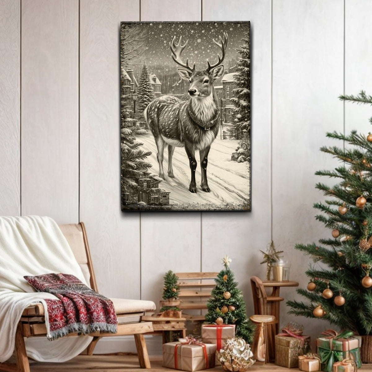 Vintage Winter Deer Christmas Wall Art II Tailored Canvases