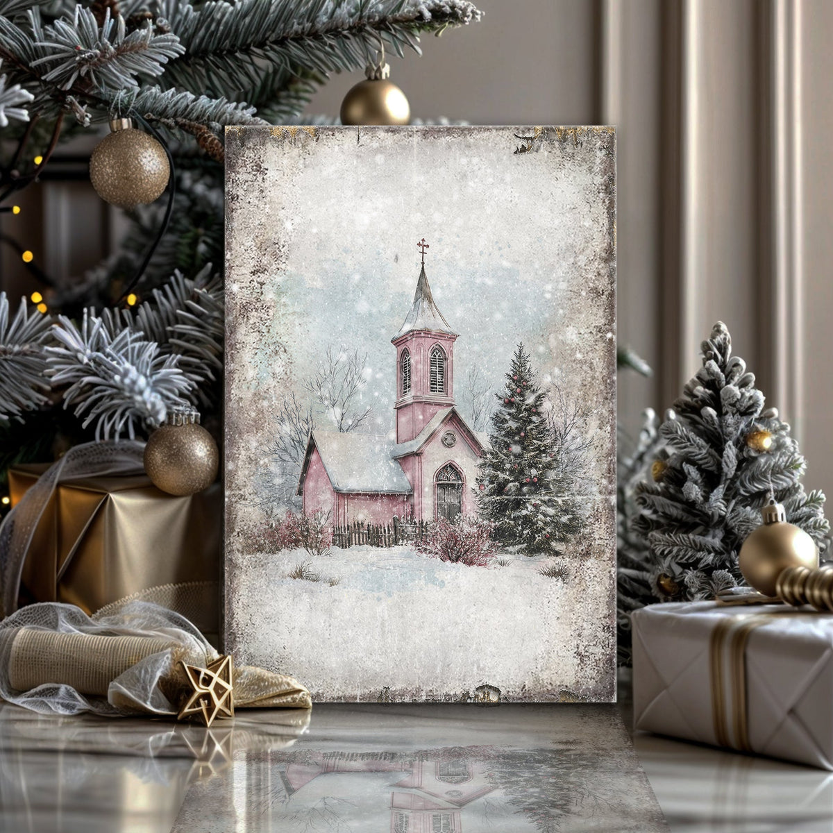 Vintage Church Christmas Wall Art Tailored Canvases