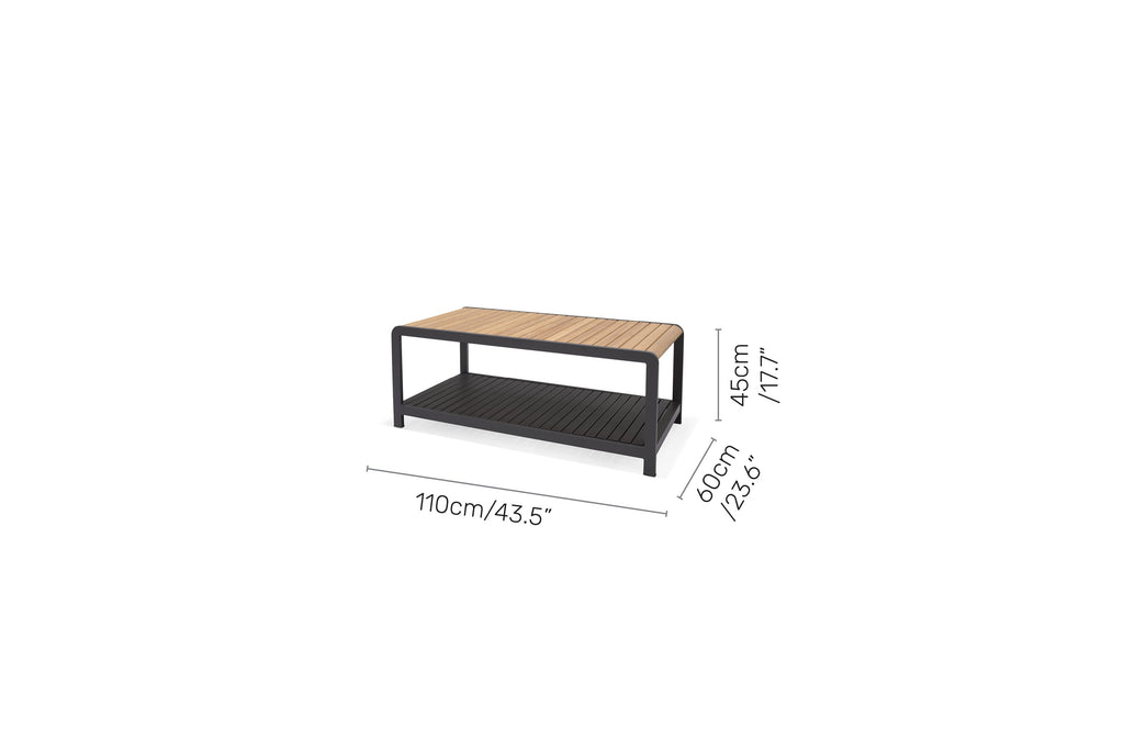Amber Teak and Aluminum Rectangular Coffee Table LifestyleGarden US