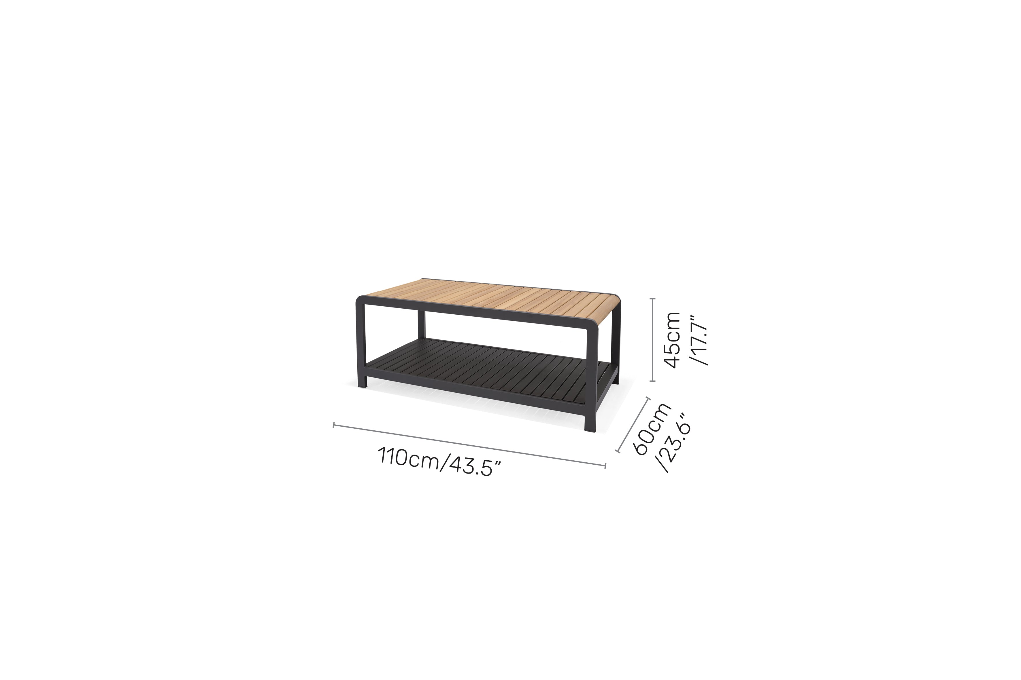 Amber Teak and Aluminum Rectangular Coffee Table LifestyleGarden US