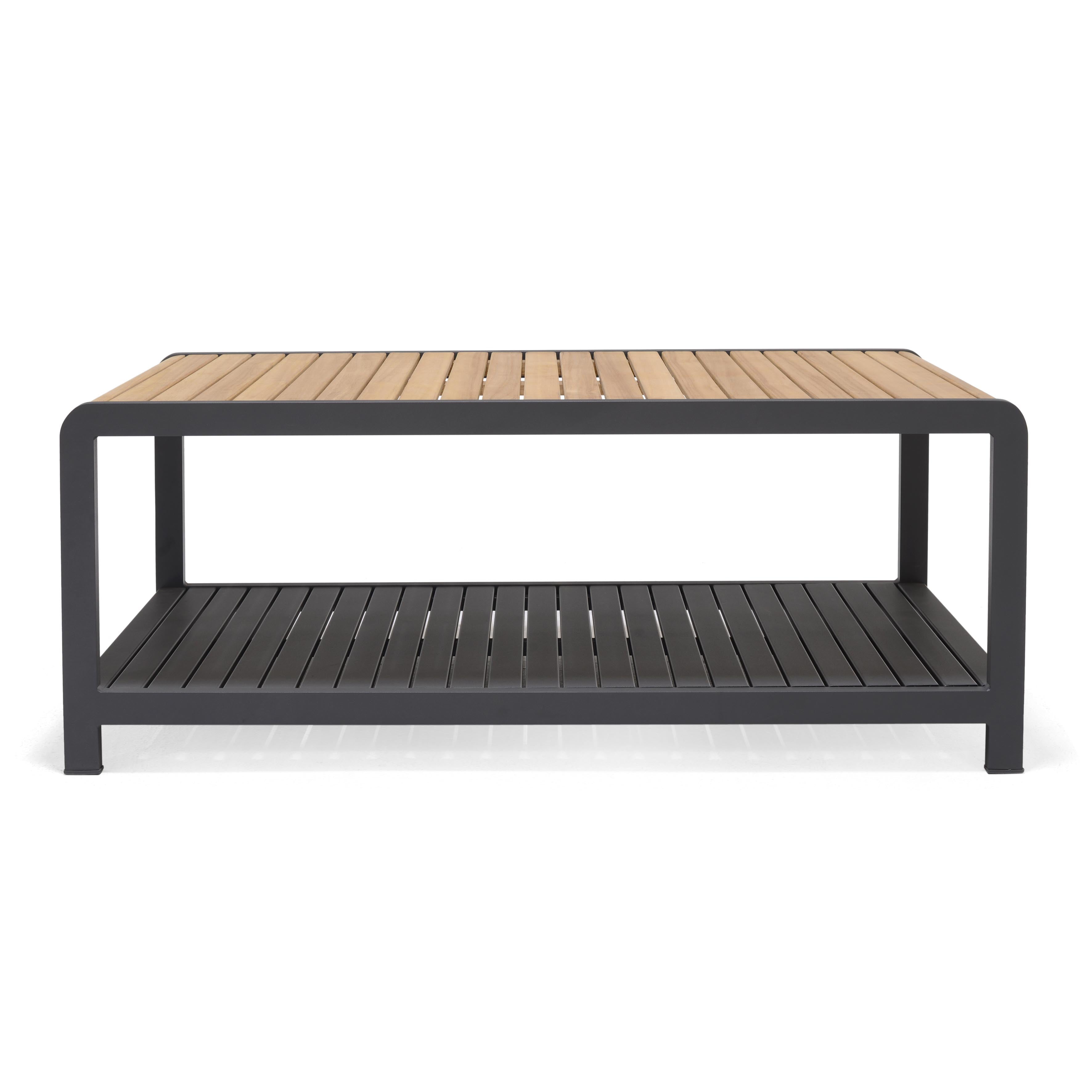 Amber Teak and Aluminum Rectangular Coffee Table LifestyleGarden US