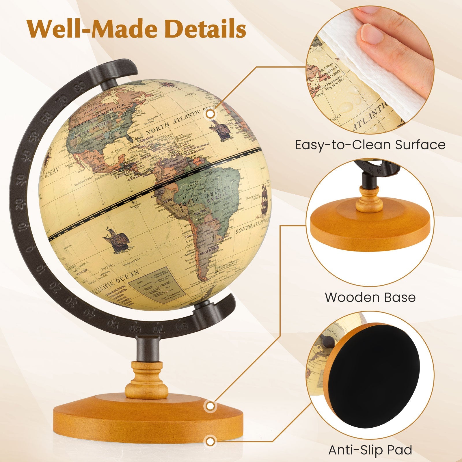 Antique Globe Dia 5.5 Inch Mini Rotating World Globe with Wooden Base-Brozen DirectDeals