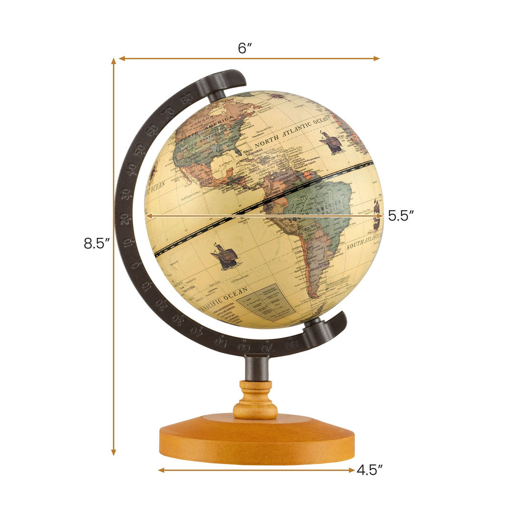 Antique Globe Dia 5.5 Inch Mini Rotating World Globe with Wooden Base-Brozen DirectDeals