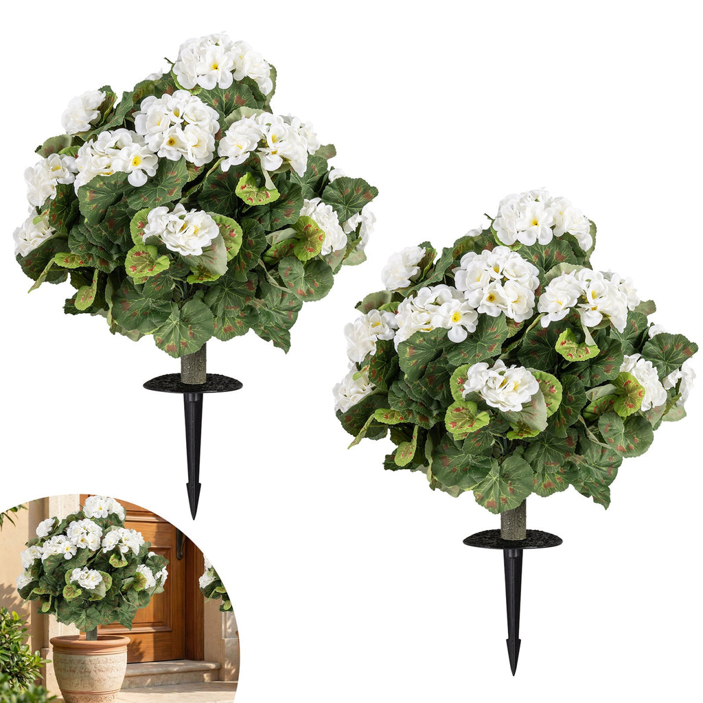 Artificial Begonia Ball Trees Set of 2 13 inch Fake Evergreen Shrubs with Ground Spikes-White DirectDeals