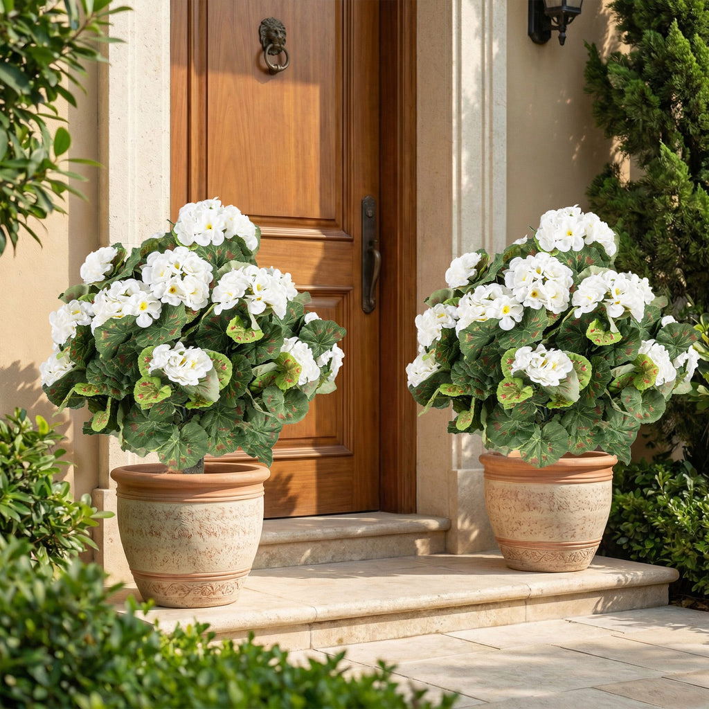Artificial Begonia Ball Trees Set of 2 13 inch Fake Evergreen Shrubs with Ground Spikes-White DirectDeals