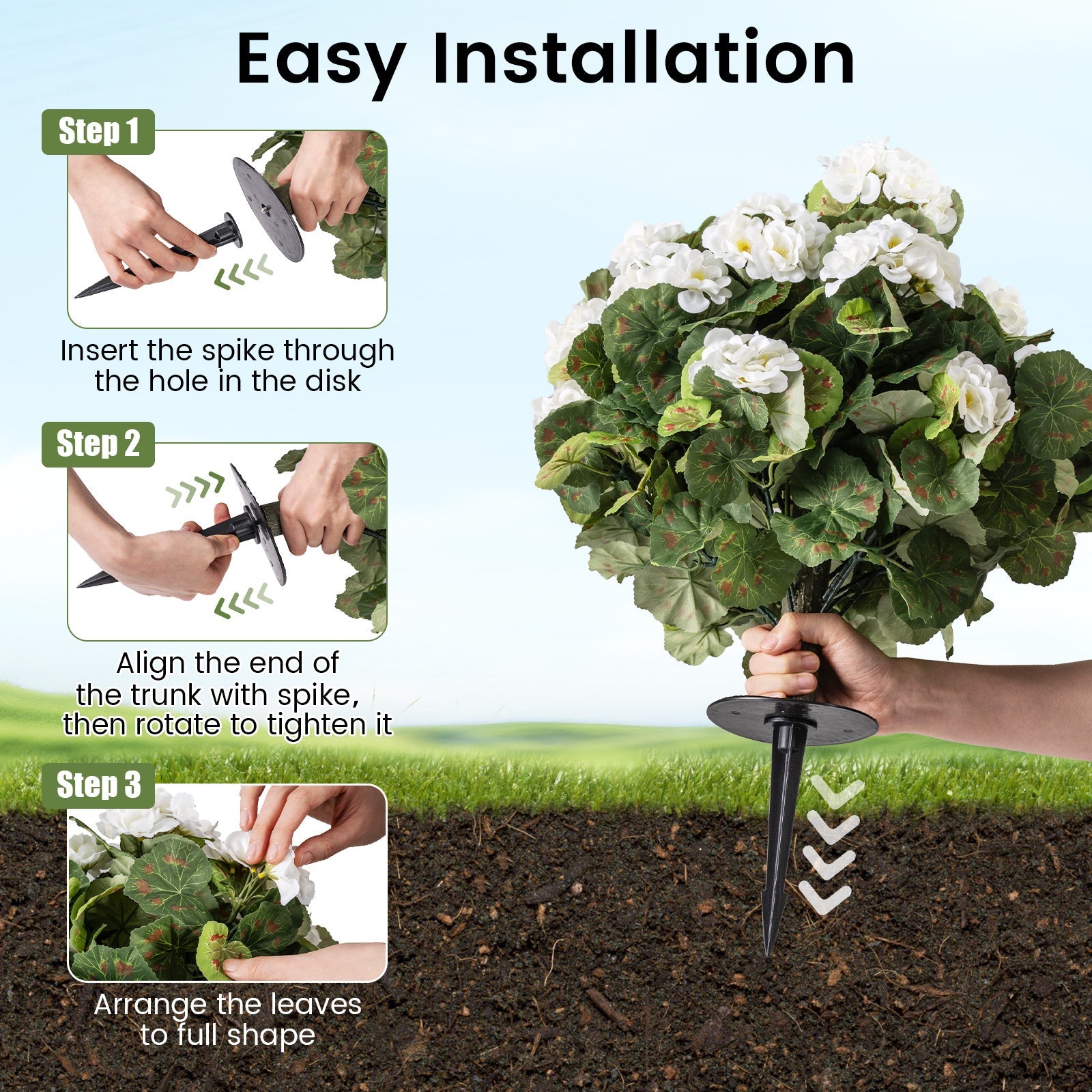 Artificial Begonia Ball Trees Set of 2 13 inch Fake Evergreen Shrubs with Ground Spikes-White DirectDeals