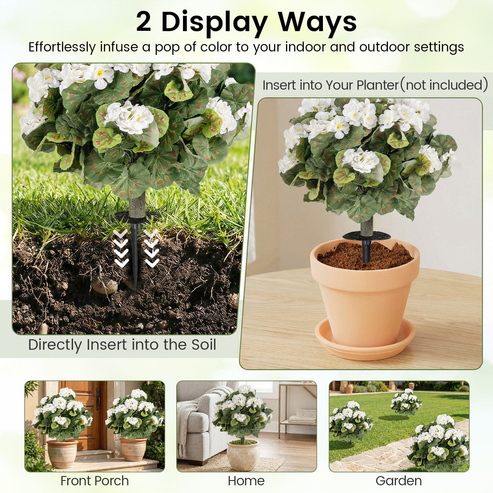 Artificial Begonia Ball Trees Set of 2 13 inch Fake Evergreen Shrubs with Ground Spikes-White DirectDeals
