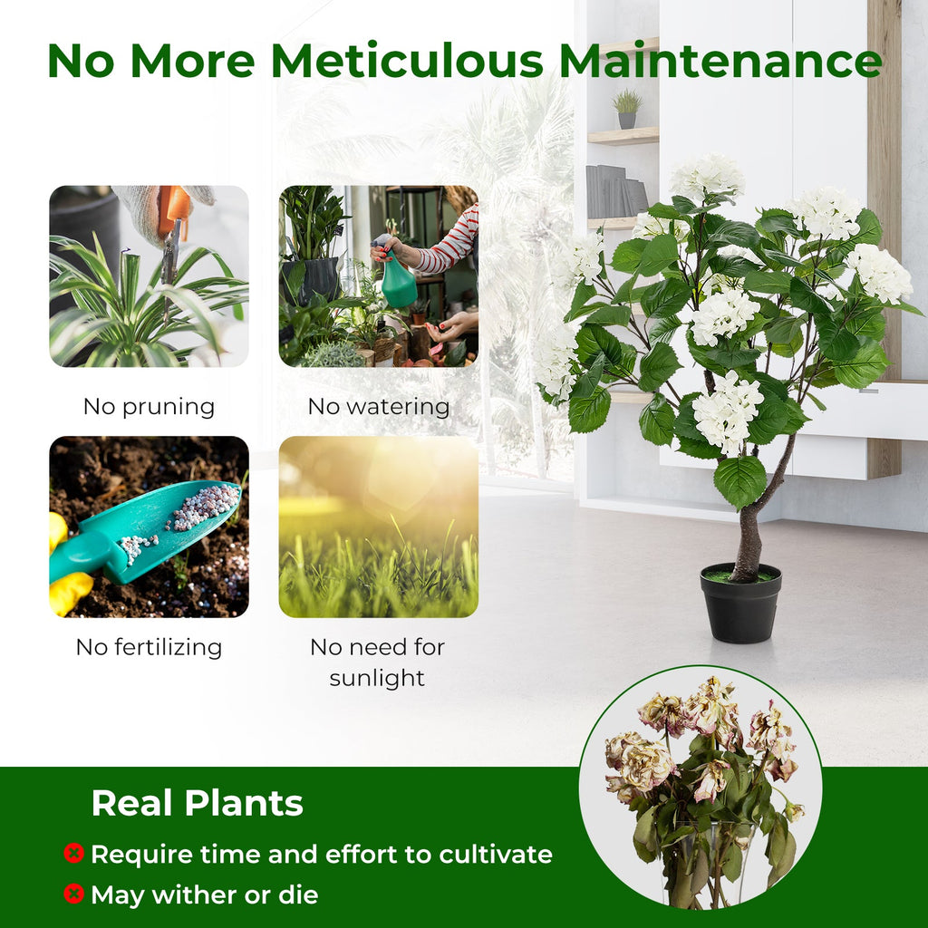 Artificial Hydrangea Tree Fake Floral Plant with 11 White Flowers-White DirectDeals