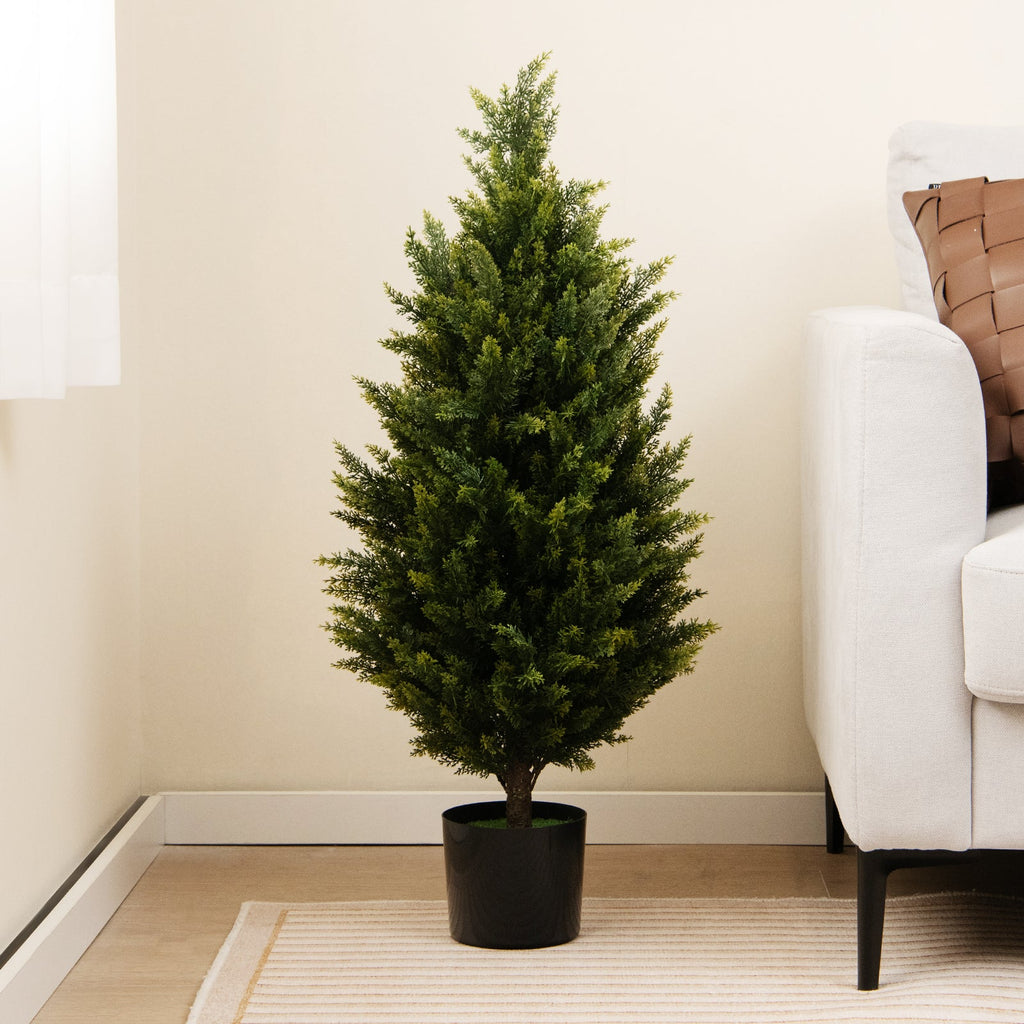 3 Feet Artificial Topiary Cedar Tree with Cement Plastic Pot and Faux Moss-Green DirectDeals