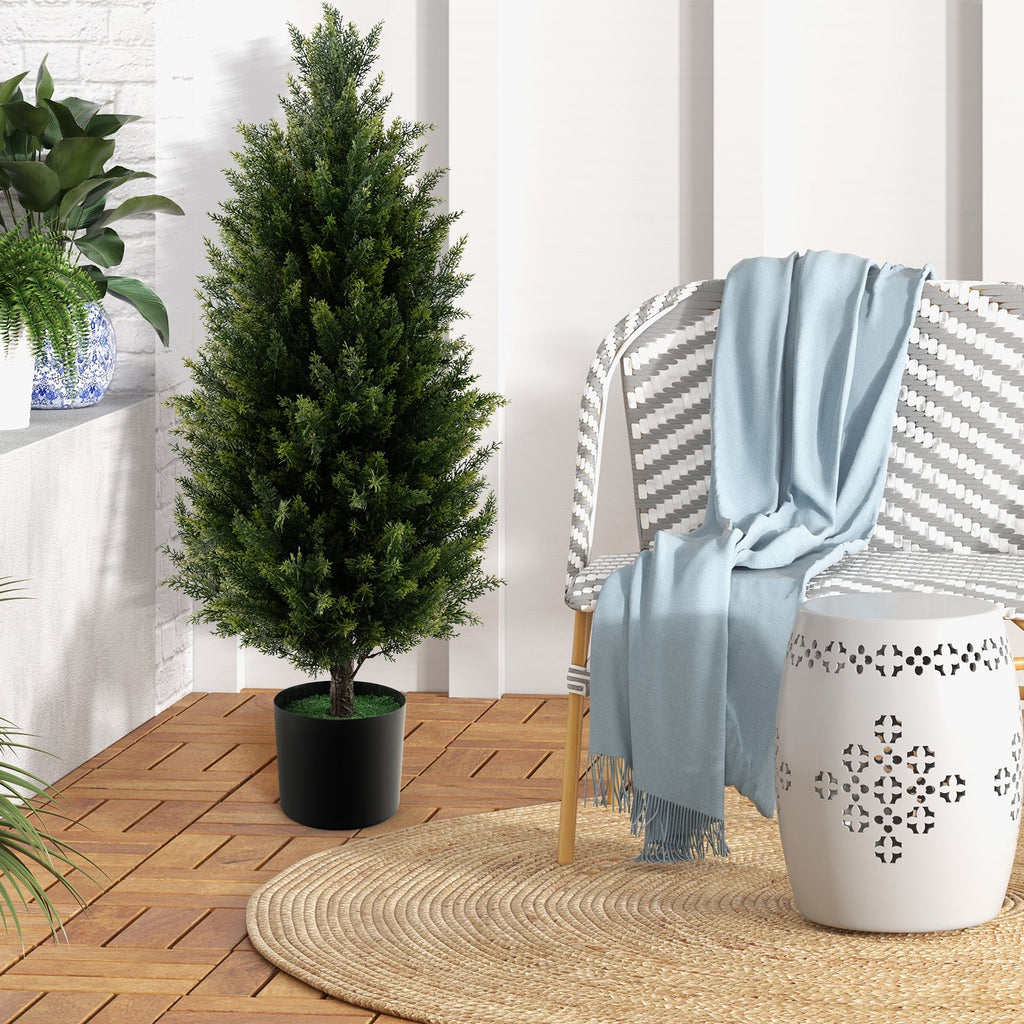 3 Feet Artificial Topiary Cedar Tree with Cement Plastic Pot and Faux Moss-Green DirectDeals