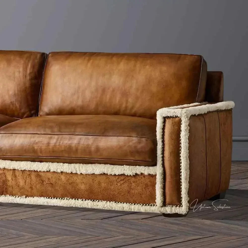 Austin Brown Benchmade Leather Couch Shearing Trim LOOMLAN