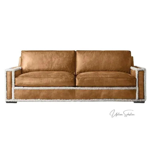 Austin Brown Benchmade Leather Couch Shearing Trim LOOMLAN