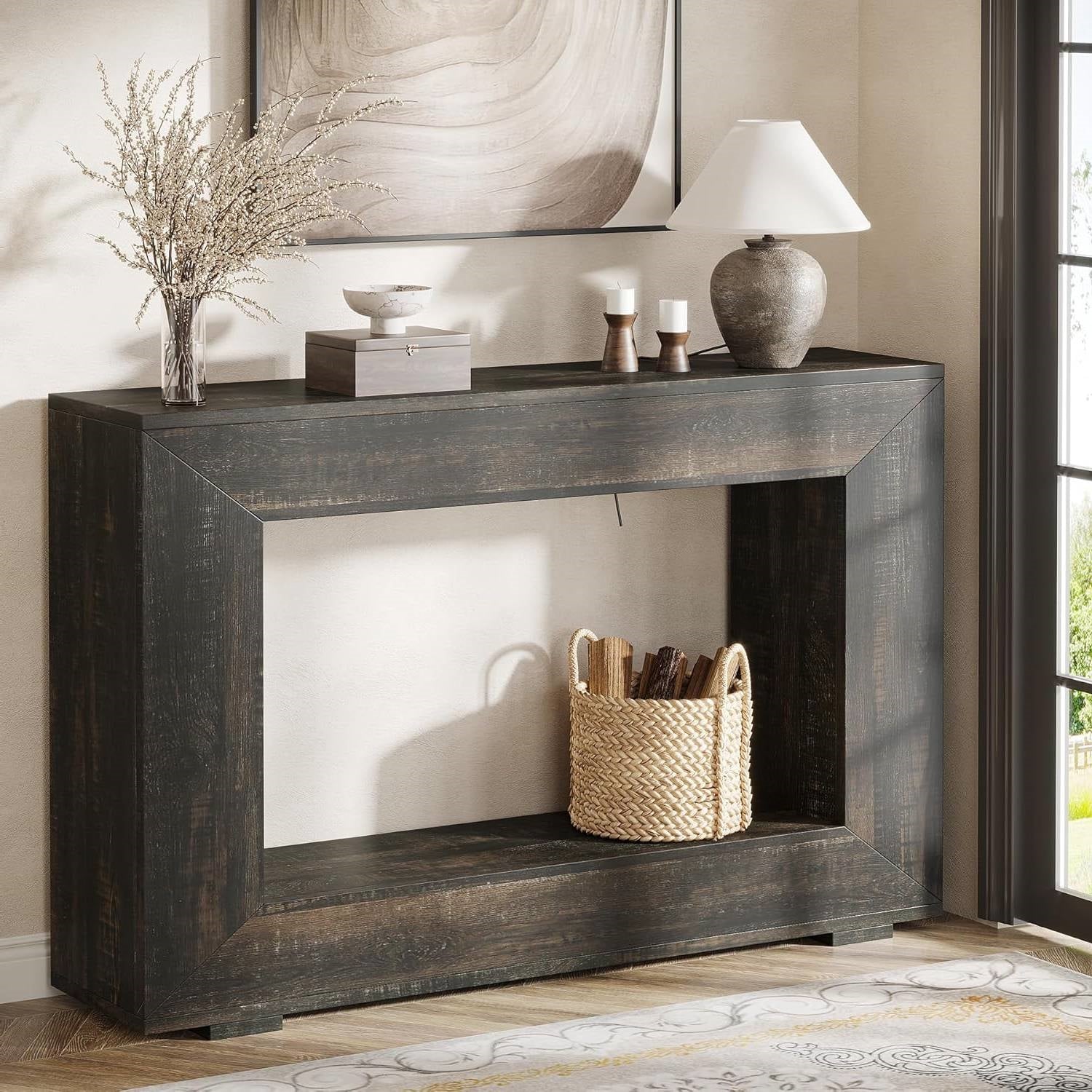 Modern Farmhouse 47-inch Long Sofa Table in Dark Grey Black Wood Finish HomePacific