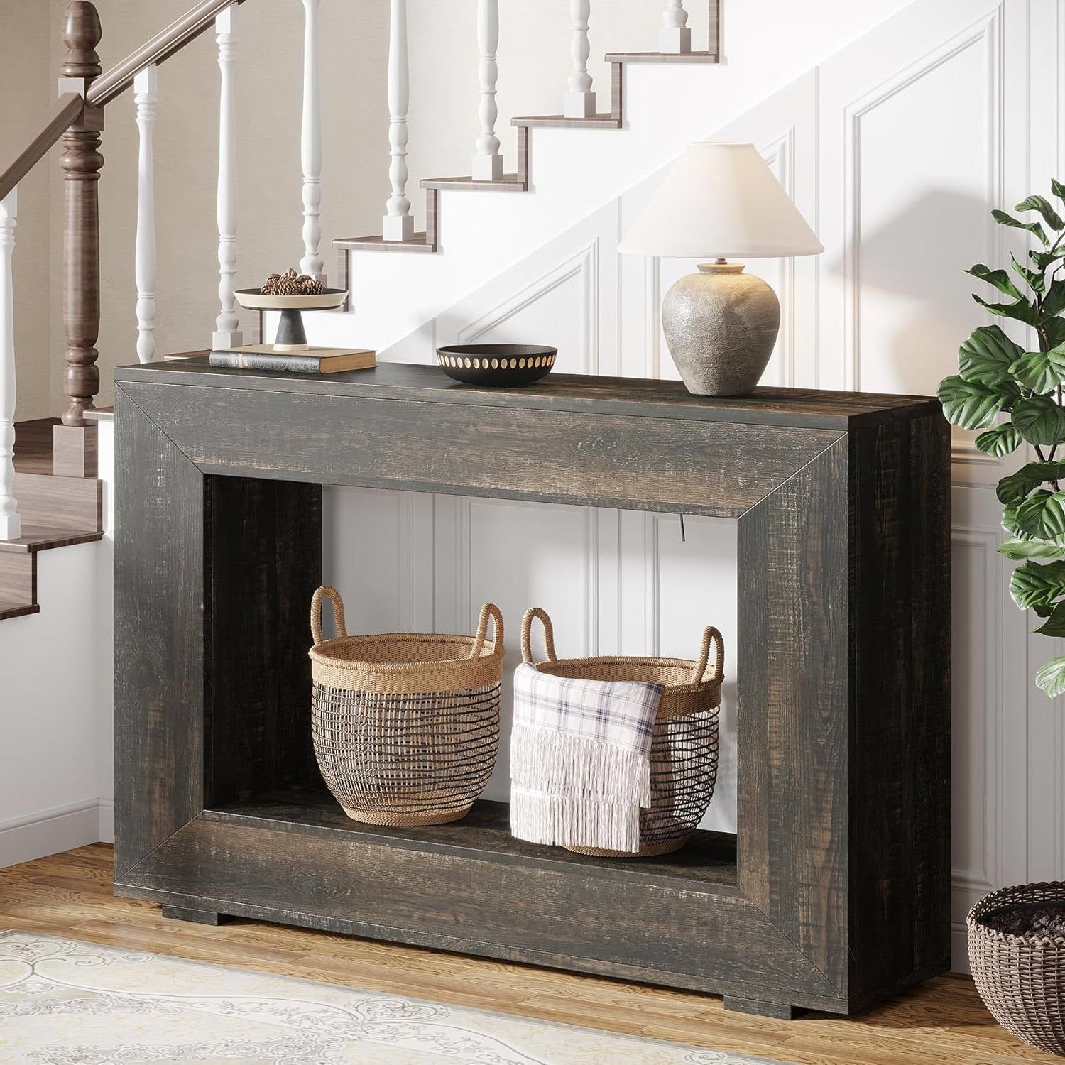 Modern Farmhouse 47-inch Long Sofa Table in Dark Grey Black Wood Finish HomePacific