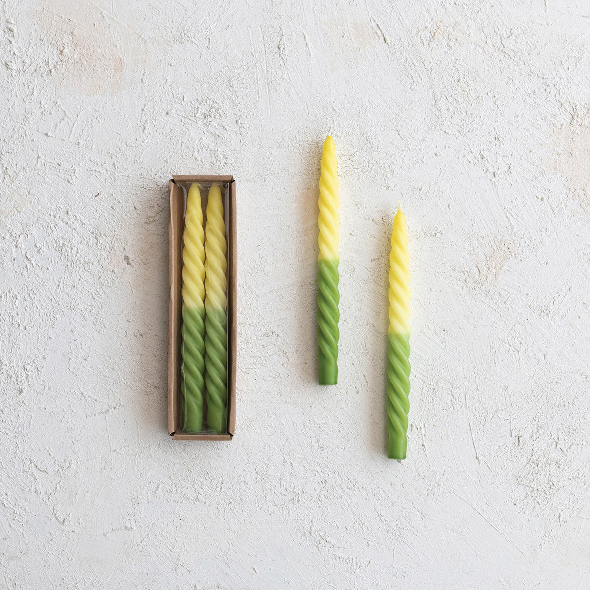 Ombre Green & Yellow Unscented Twisted Taper Candles | Set of 2 Rust & Cinder