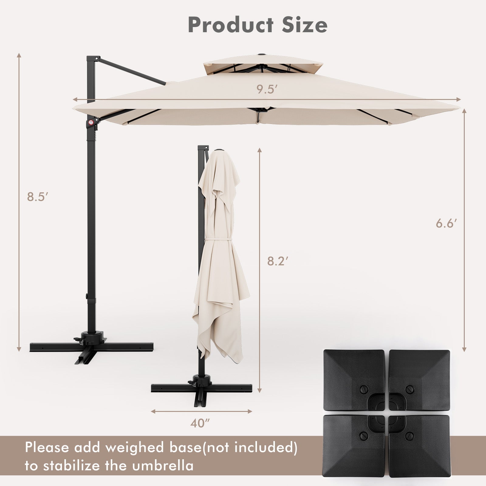 9.5 Feet Cantilever Patio Umbrella with 360° Rotation and Double Top DirectDeals