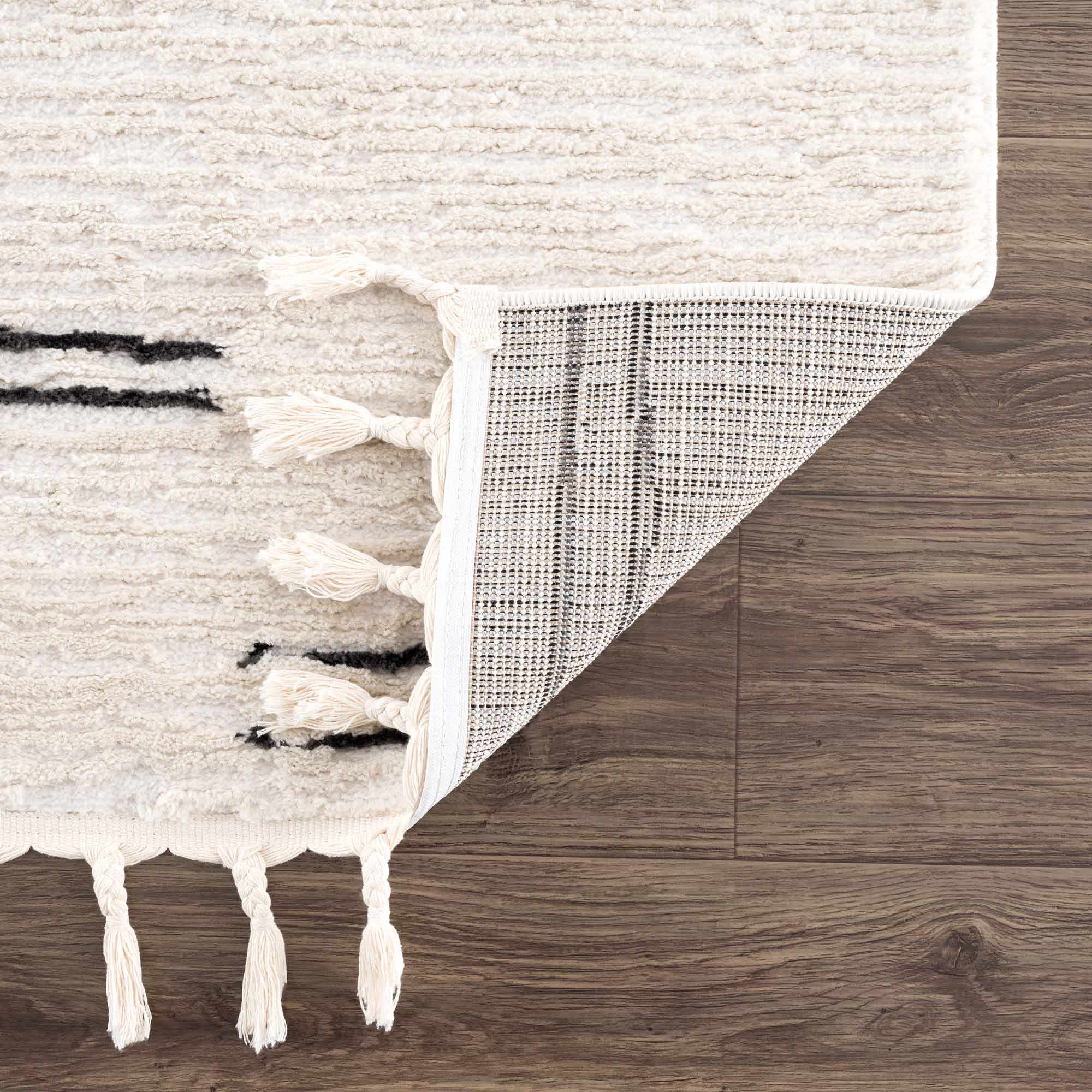 Riad Black Striped White Rug with Tassels Boutique Rugs