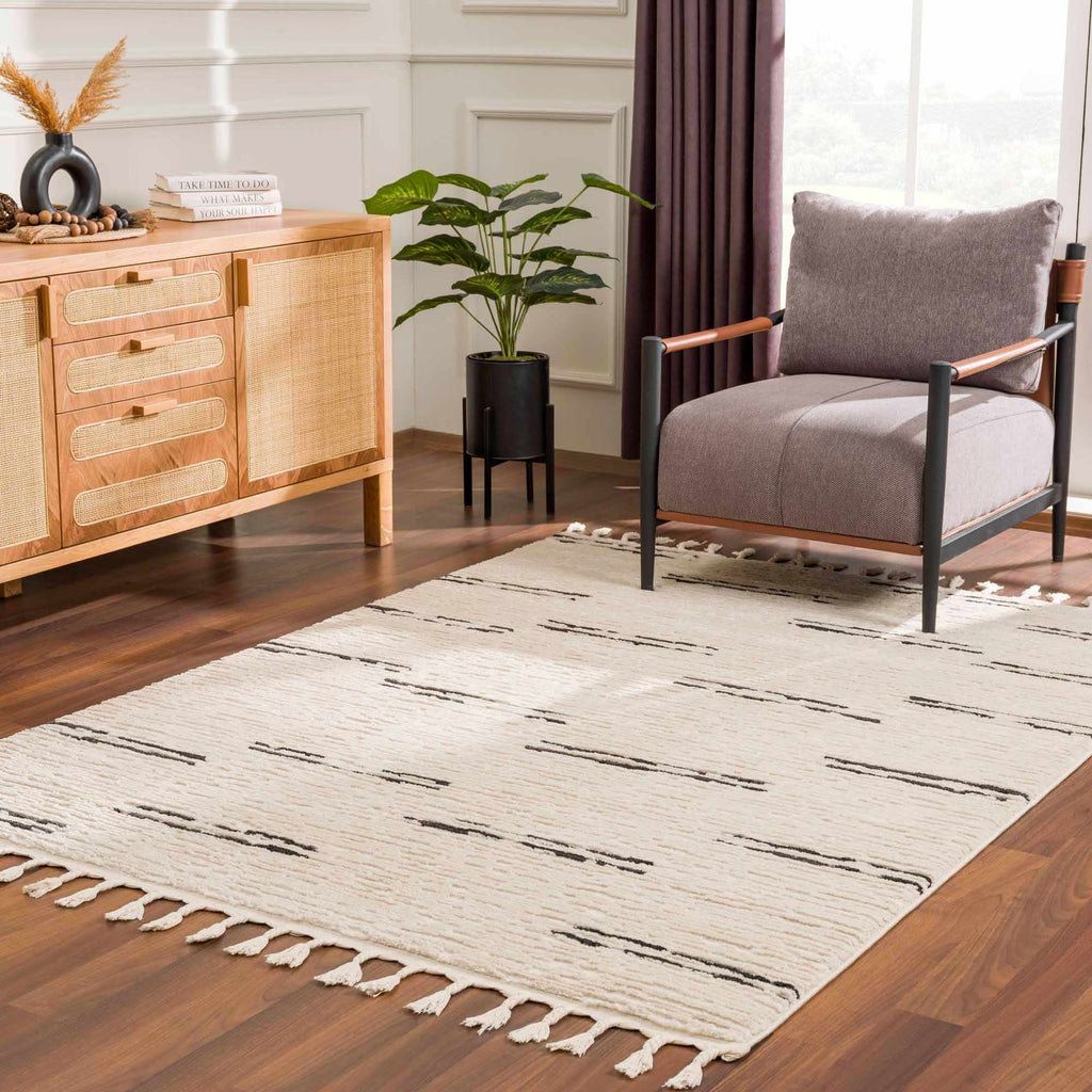 Riad Black Striped White Rug with Tassels Boutique Rugs