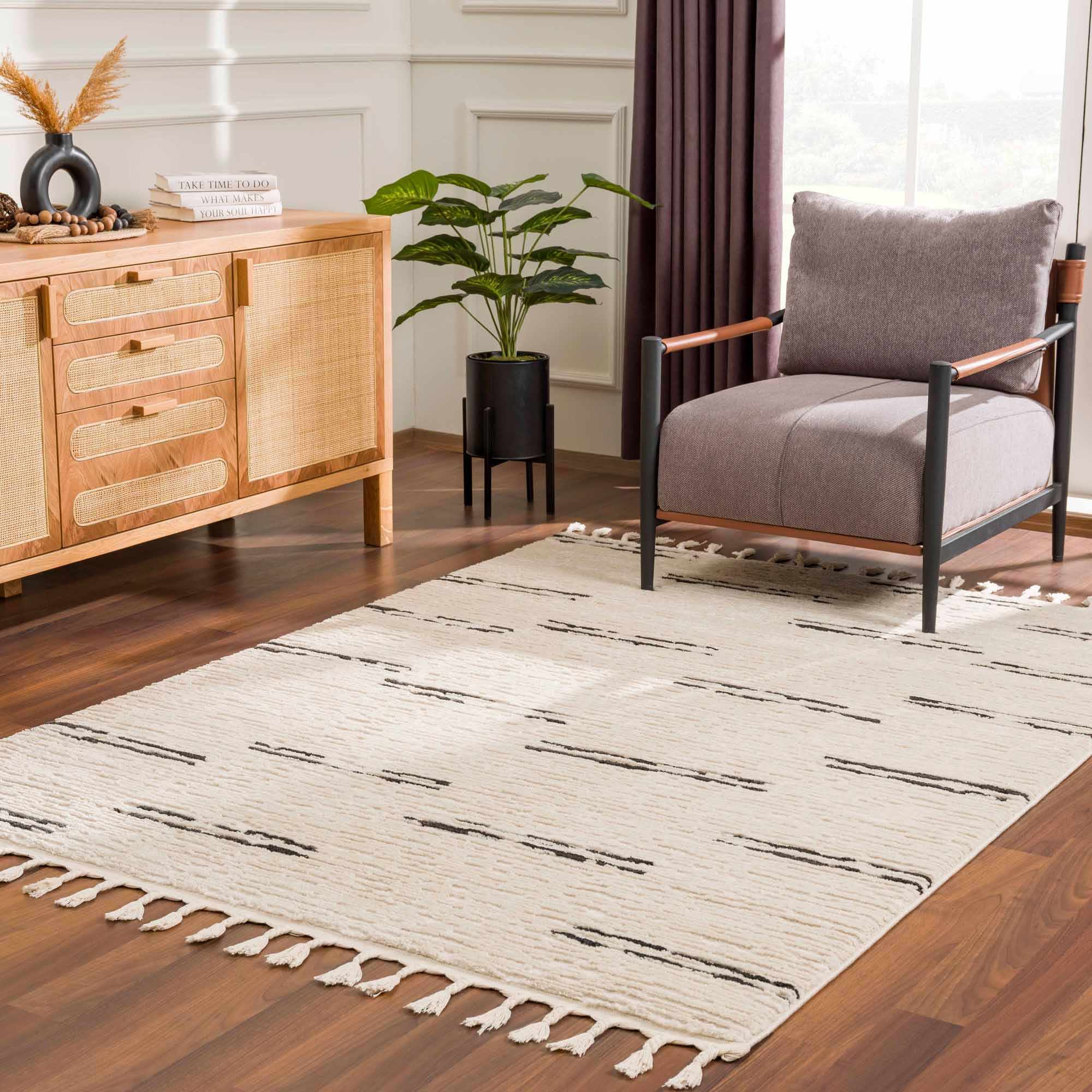 Riad Black Striped White Rug with Tassels Boutique Rugs