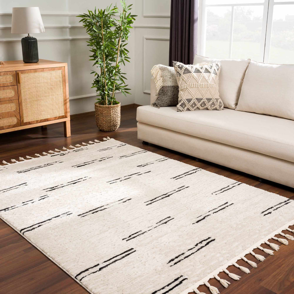 Riad Black Striped White Rug with Tassels Boutique Rugs