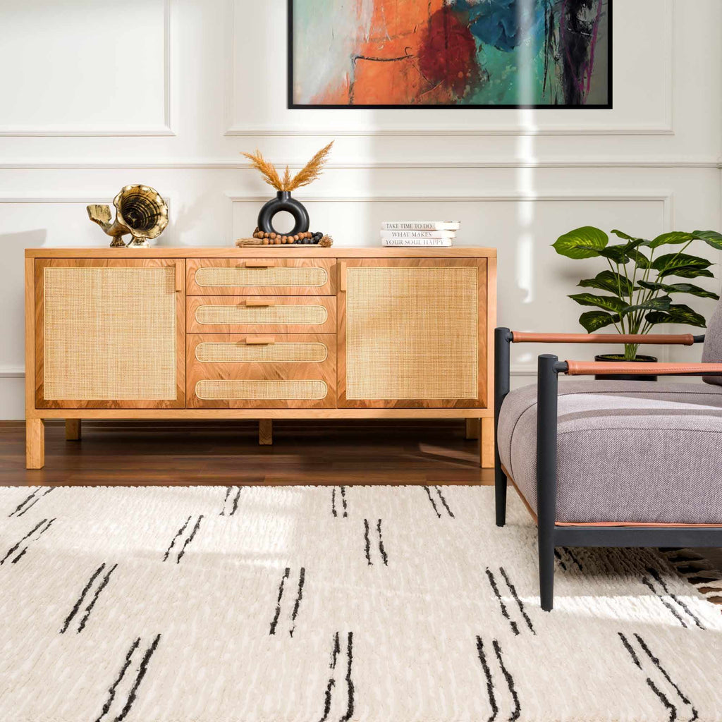 Riad Black Striped White Rug with Tassels Boutique Rugs
