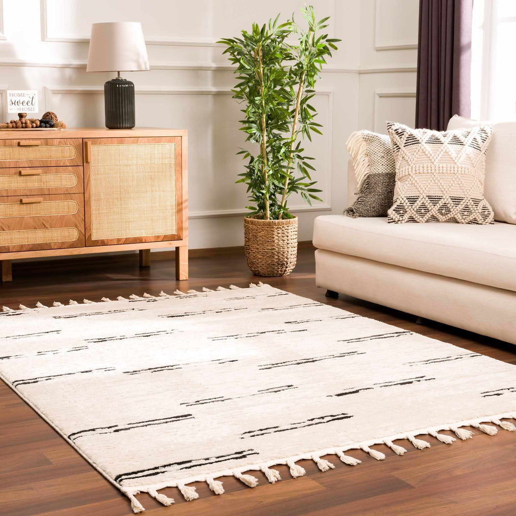 Riad Black Striped White Rug with Tassels Boutique Rugs