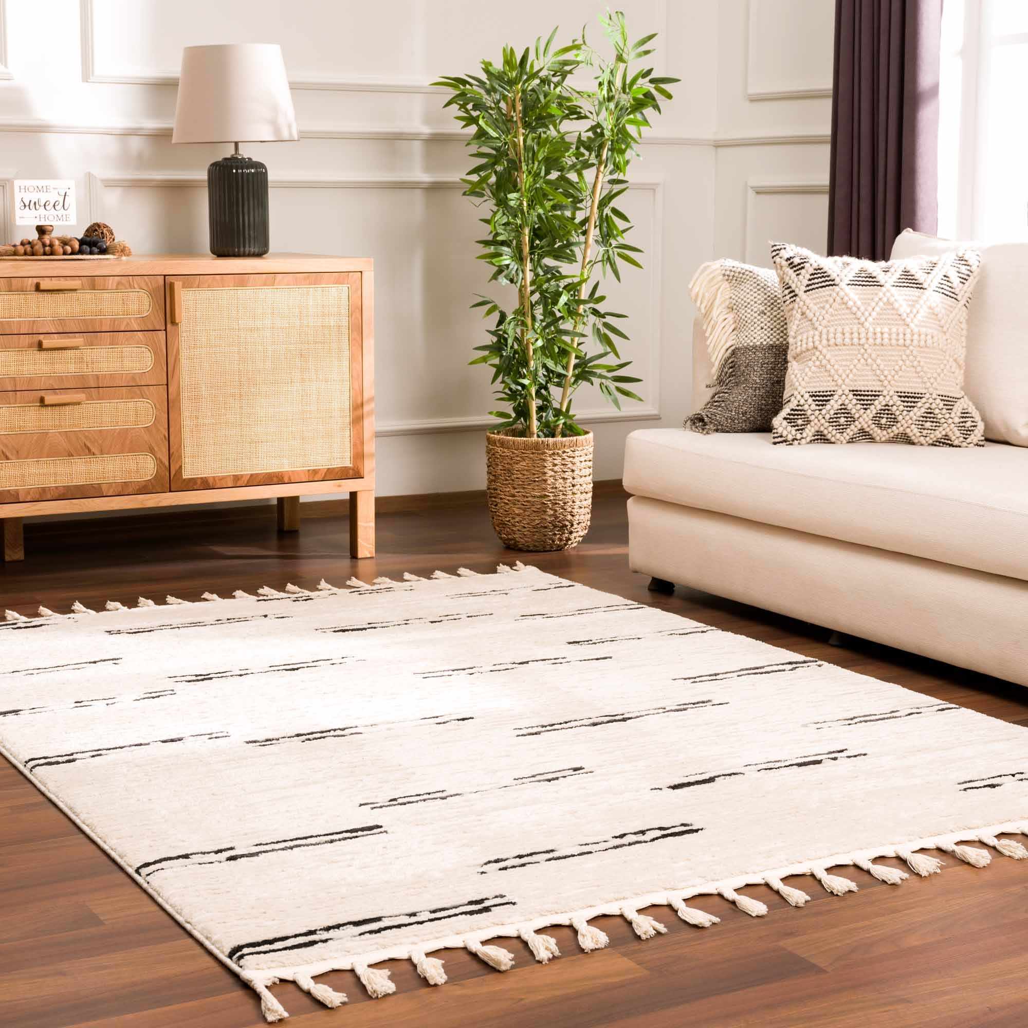 Riad Black Striped White Rug with Tassels Boutique Rugs