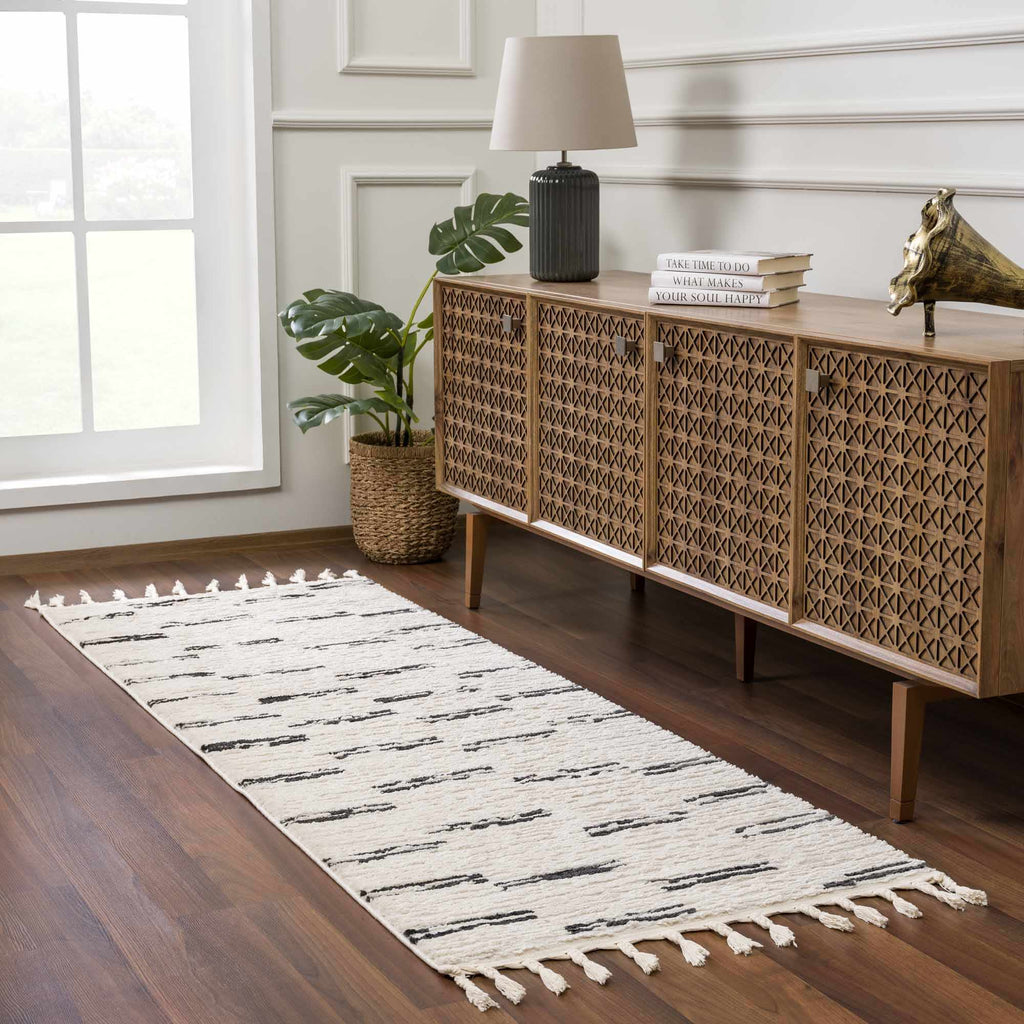 Riad Black Striped White Rug with Tassels Boutique Rugs