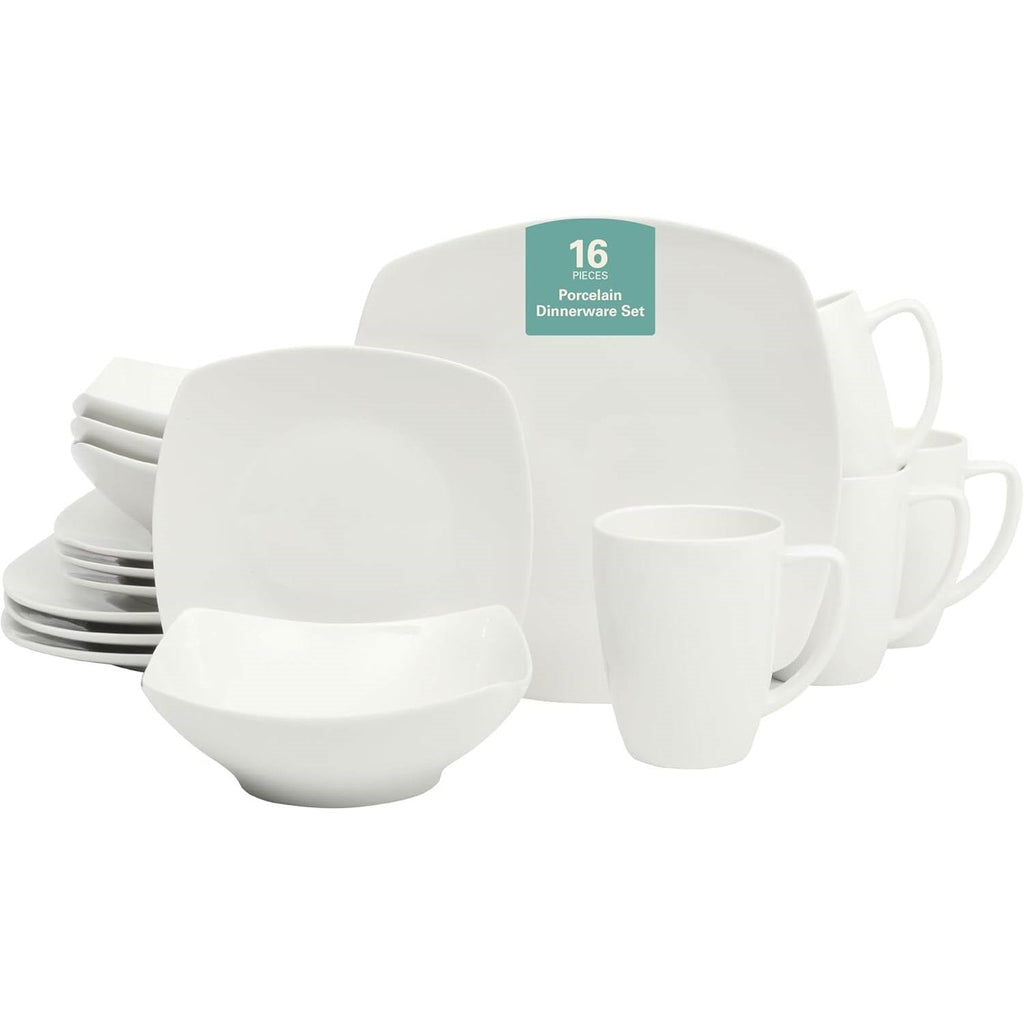 16 Pieces - White Square Porcelain Dinnerware Set - Service for 4 HomePacific