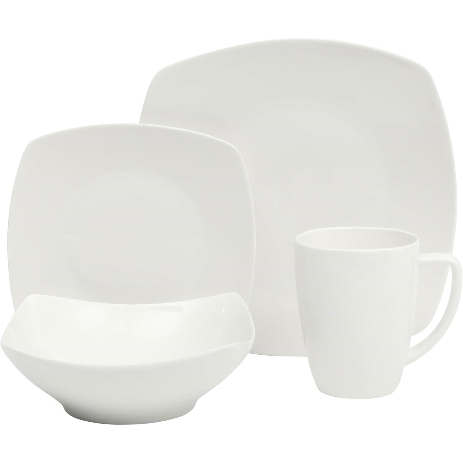 16 Pieces - White Square Porcelain Dinnerware Set - Service for 4 HomePacific