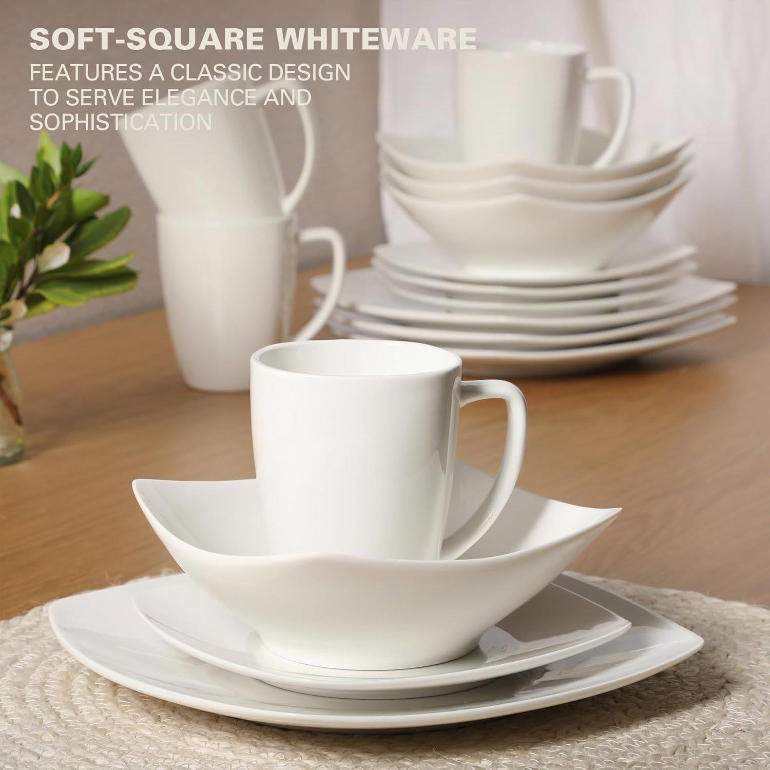 16 Pieces - White Square Porcelain Dinnerware Set - Service for 4 HomePacific