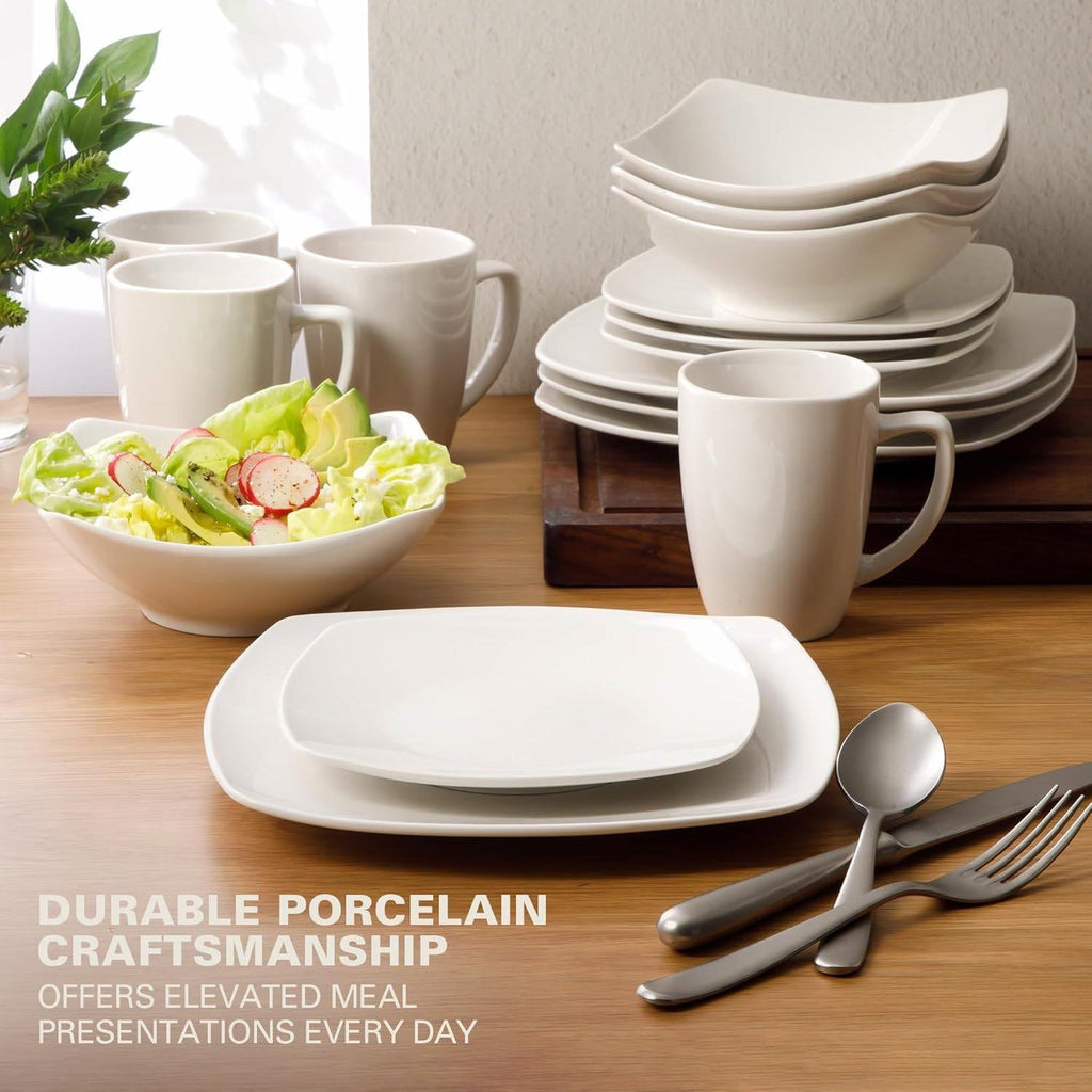 16 Pieces - White Square Porcelain Dinnerware Set - Service for 4 HomePacific