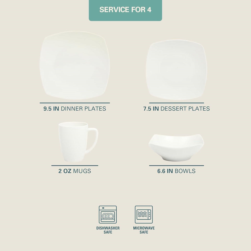 16 Pieces - White Square Porcelain Dinnerware Set - Service for 4 HomePacific