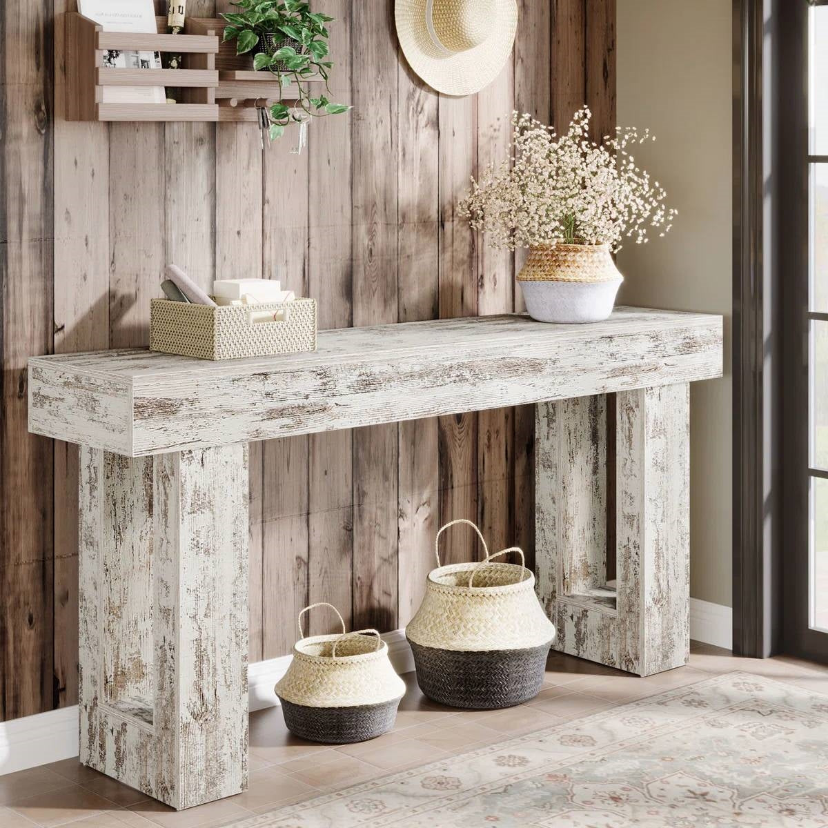 Modern Farmhouse 63-inch Console Sofa Table in Rustic White Wood Finish HomePacific