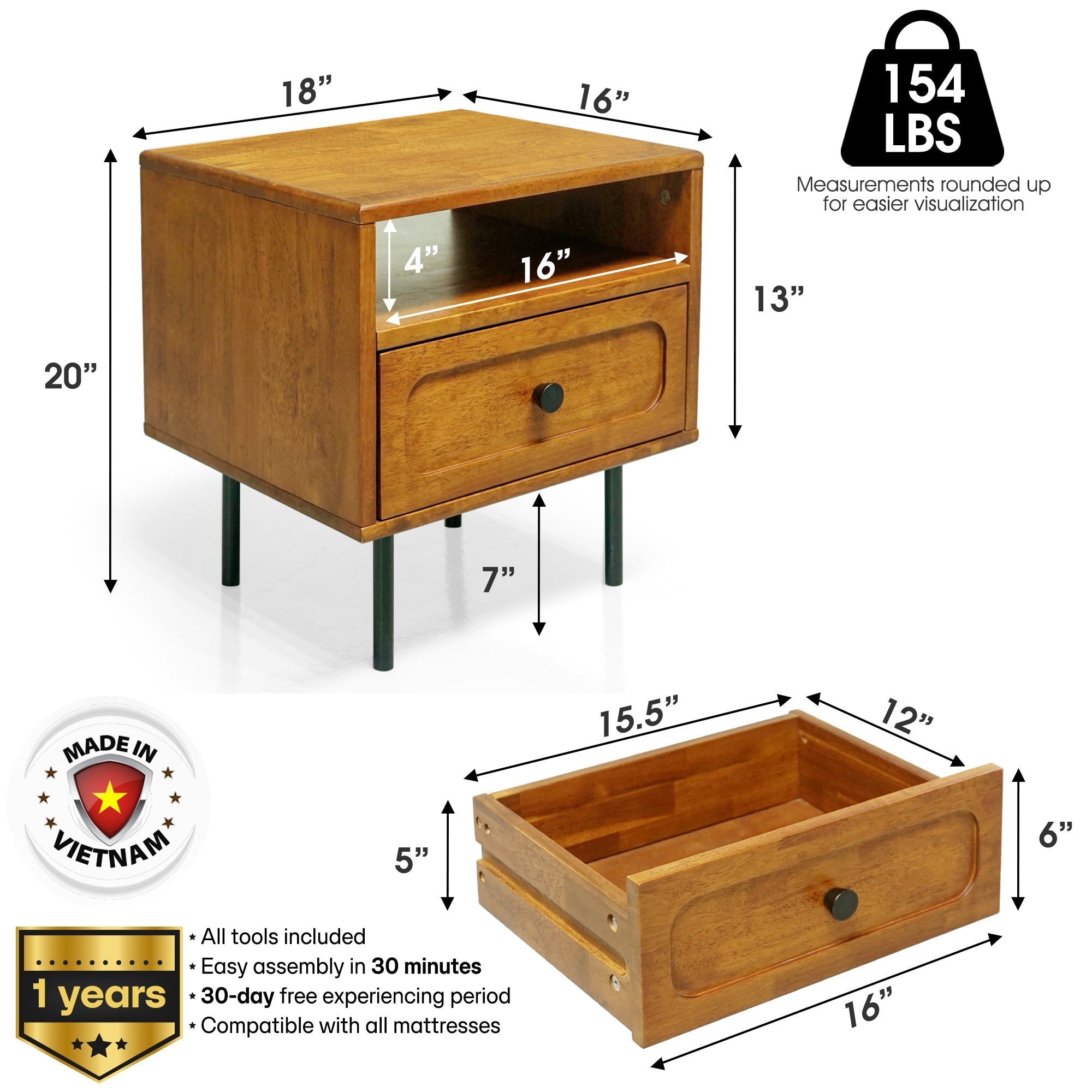 Savana Solid Wood Single-Drawer Nightstand Megsu