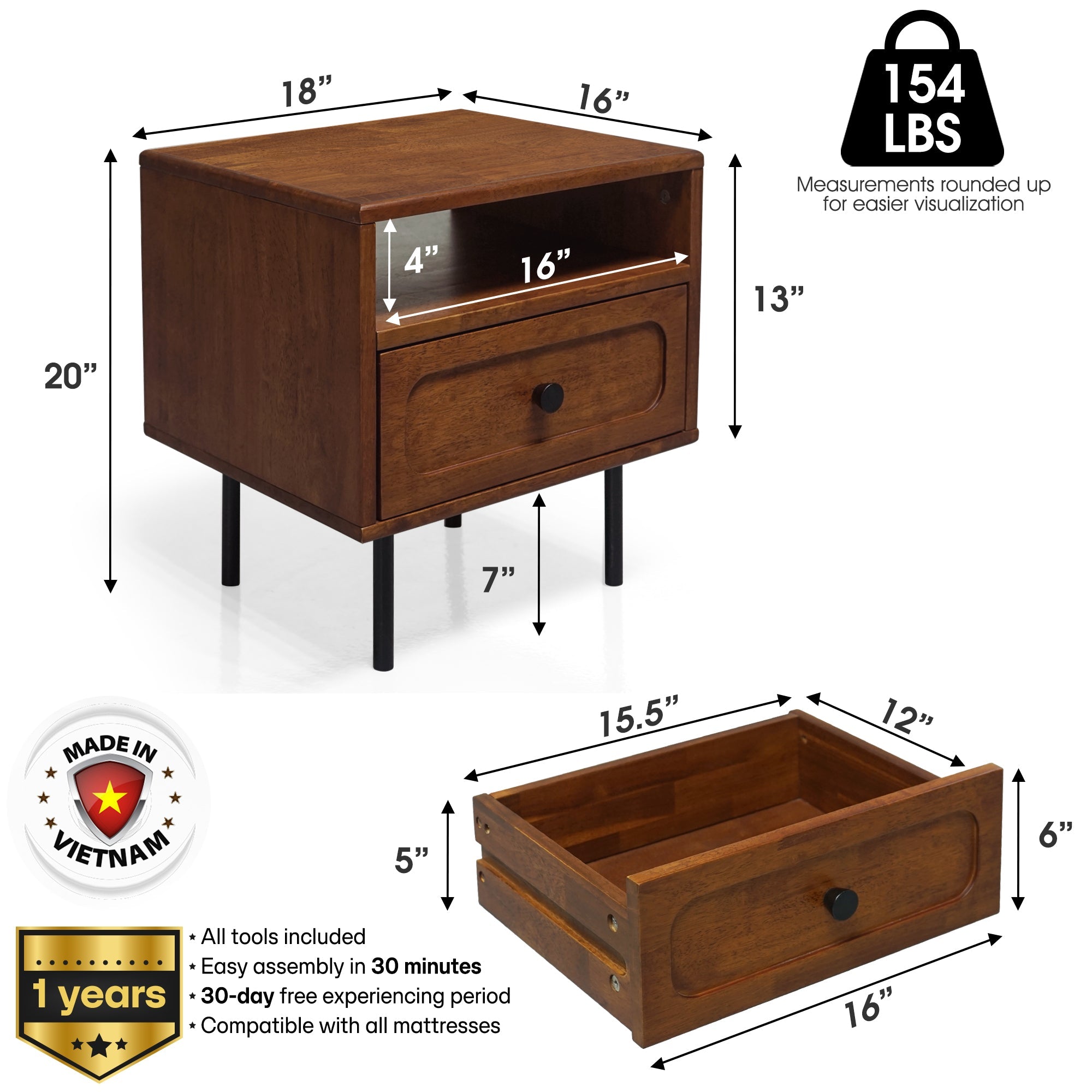 Savana Solid Wood Single-Drawer Nightstand Megsu