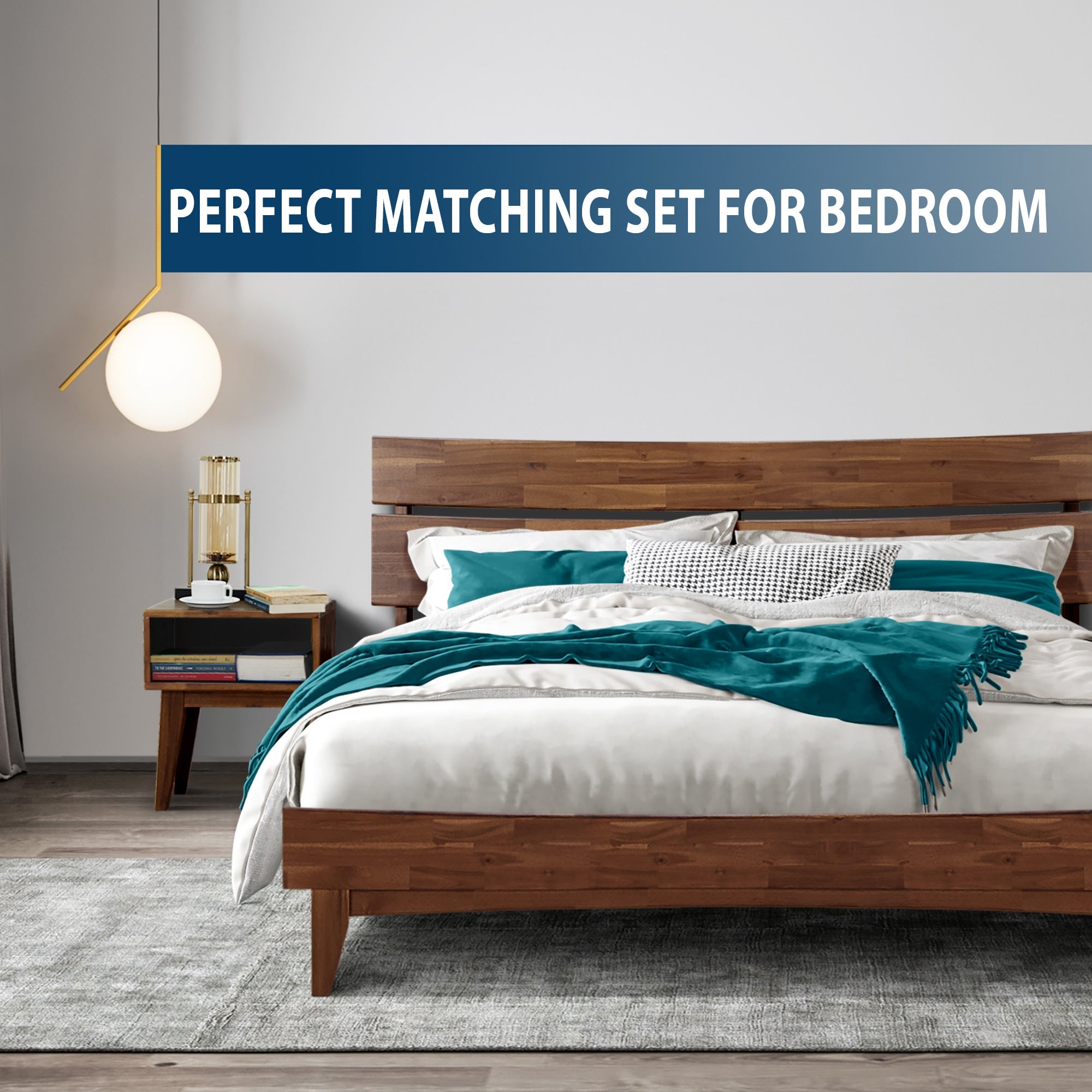 [Buy 1 Get 1] Aurora Solid Wood Bed Frame & Nightstand Megsu