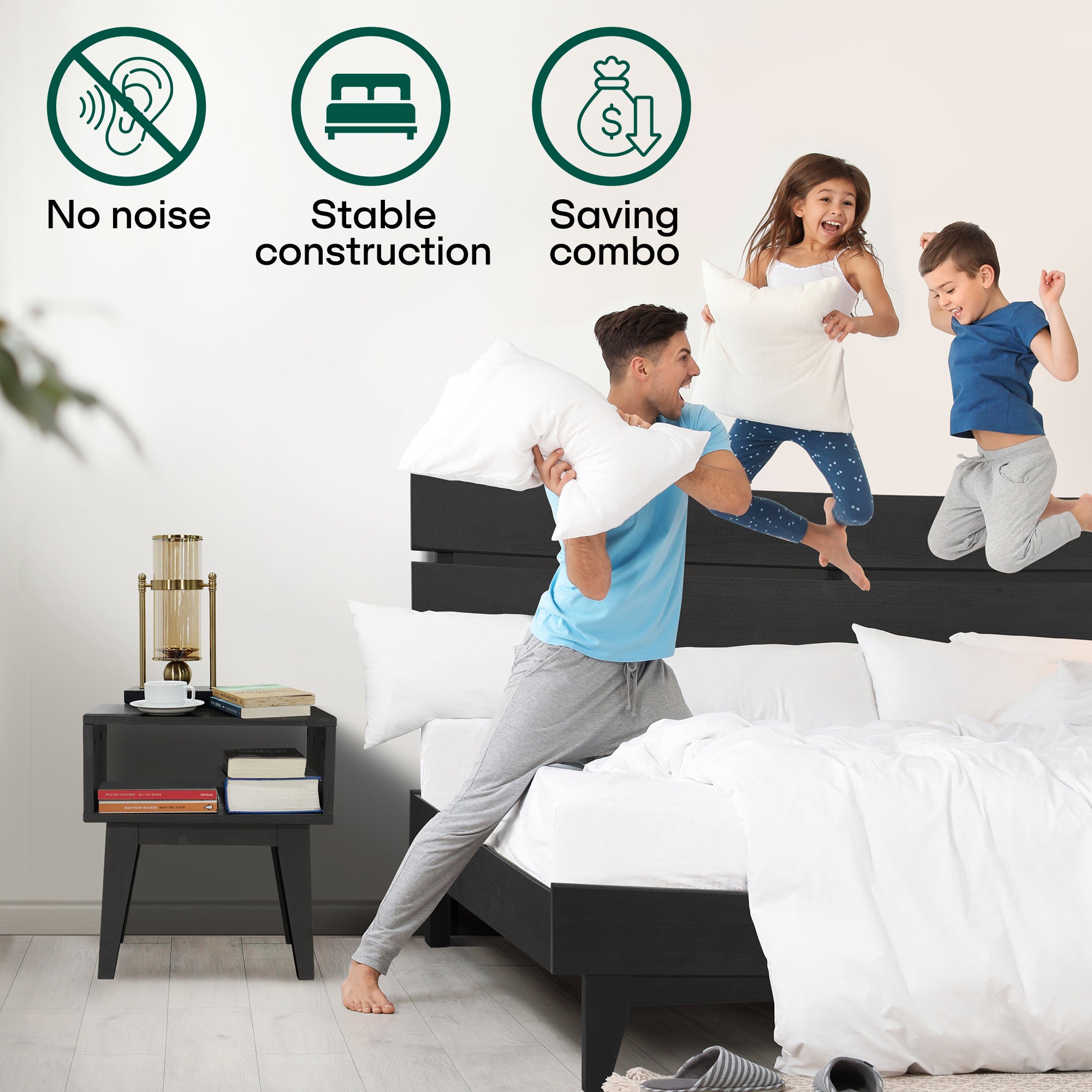 [Buy 1 Get 1] Aurora Solid Wood Bed Frame & Nightstand Megsu
