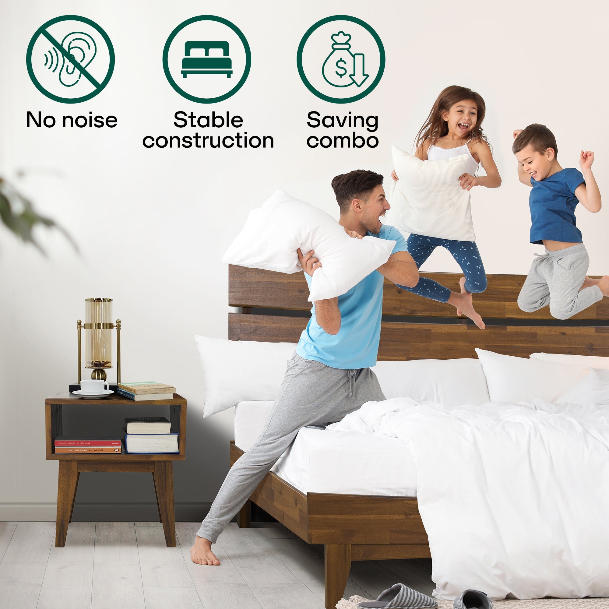 [Buy 1 Get 1] Aurora Solid Wood Bed Frame & Nightstand Megsu