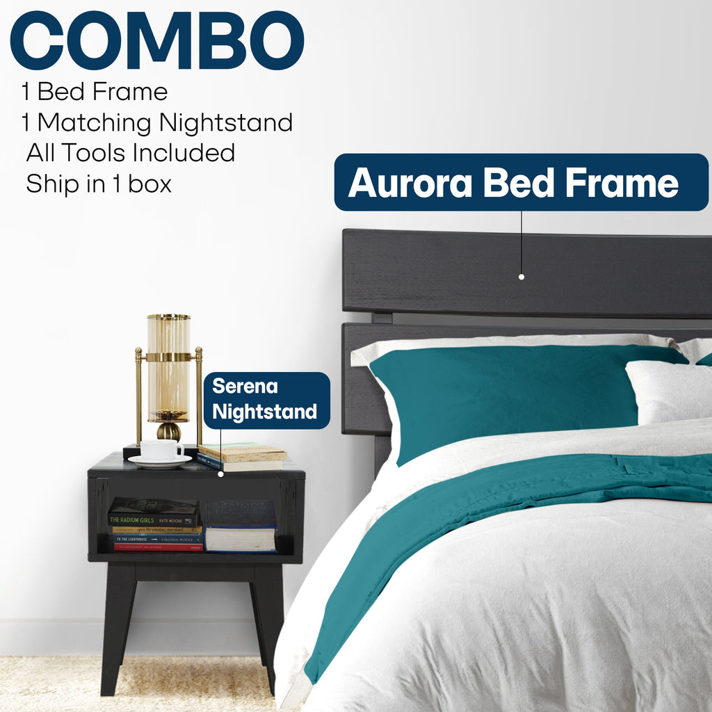 [Buy 1 Get 1] Aurora Solid Wood Bed Frame & Nightstand Megsu