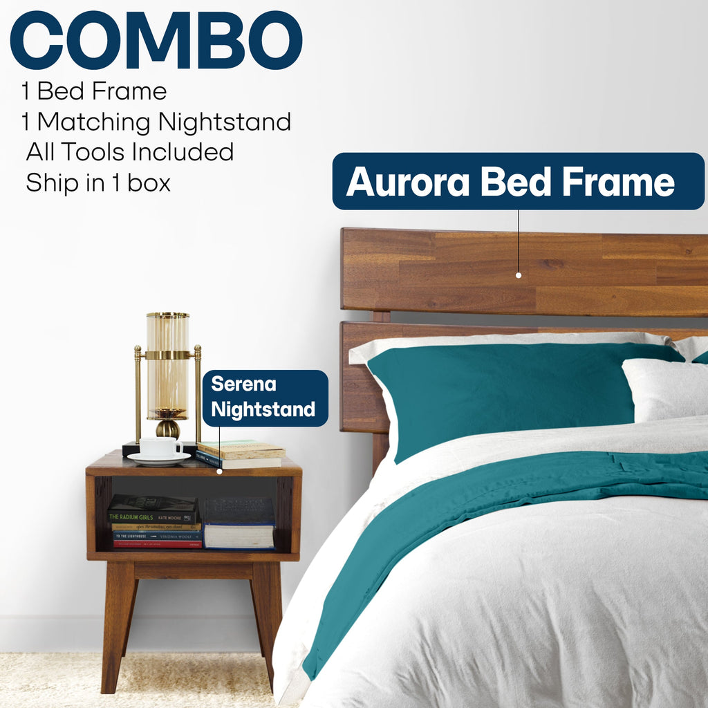[Buy 1 Get 1] Aurora Solid Wood Bed Frame & Nightstand Megsu