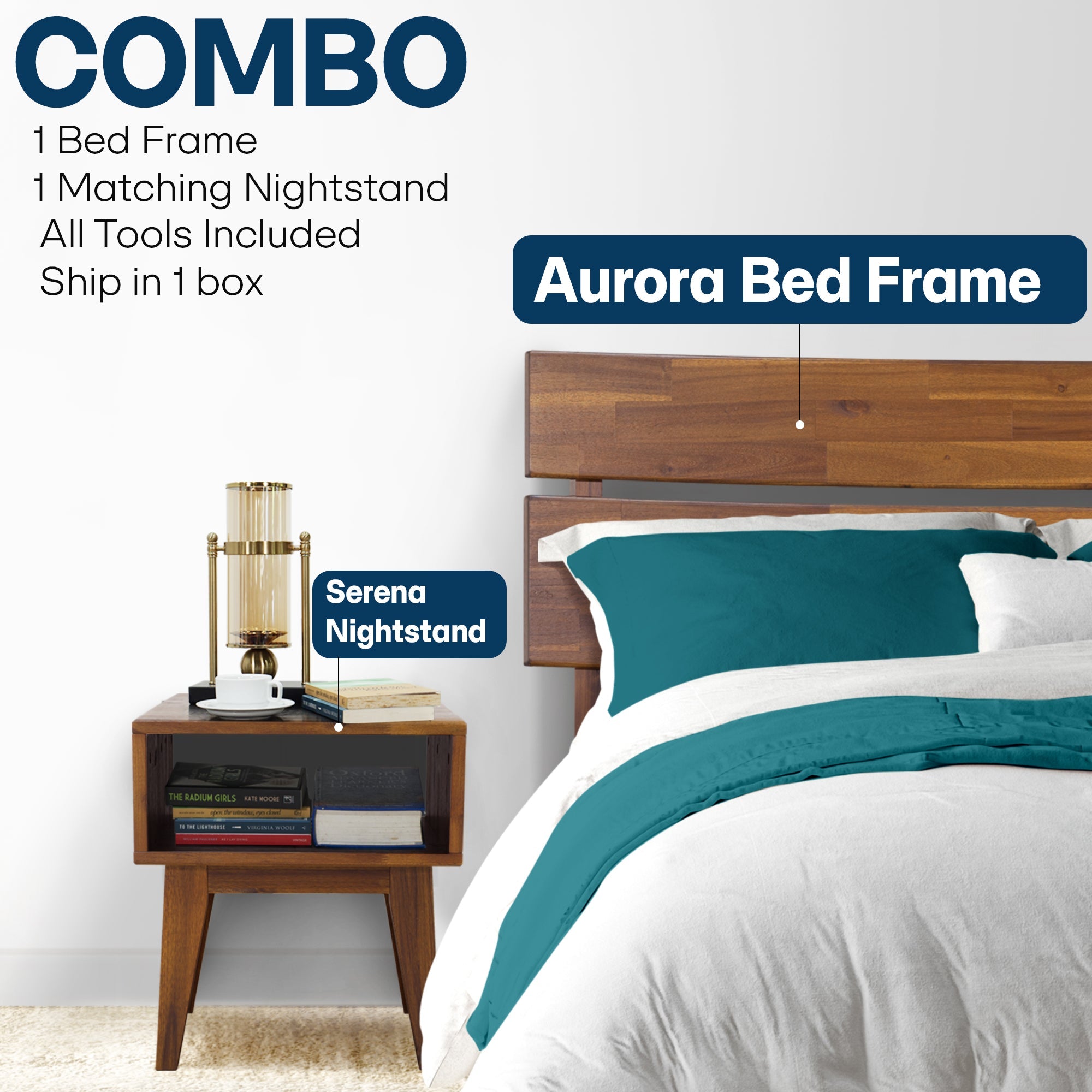 [Buy 1 Get 1] Aurora Solid Wood Bed Frame & Nightstand Megsu