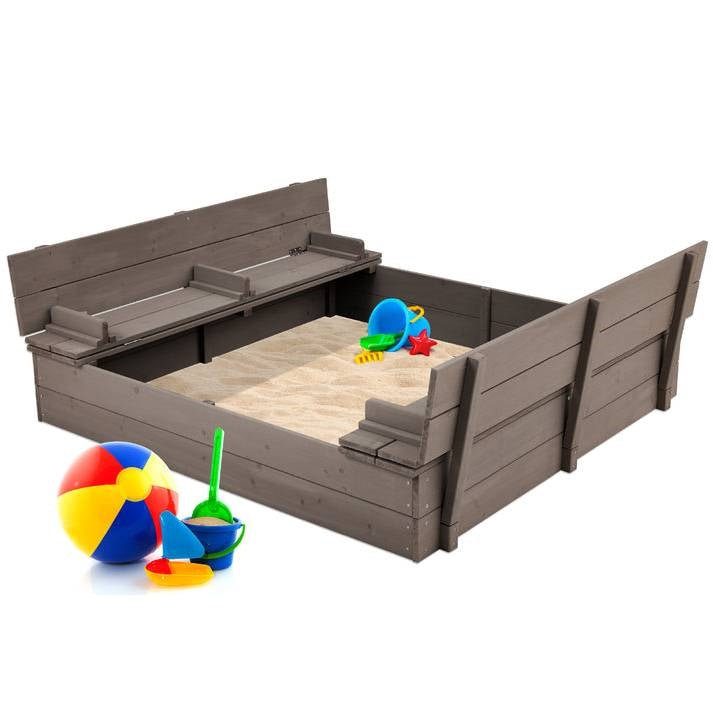 Sturdy Cedar Wood Kids Outdoor Sandbox with Benches in Grey Finish HomePacific