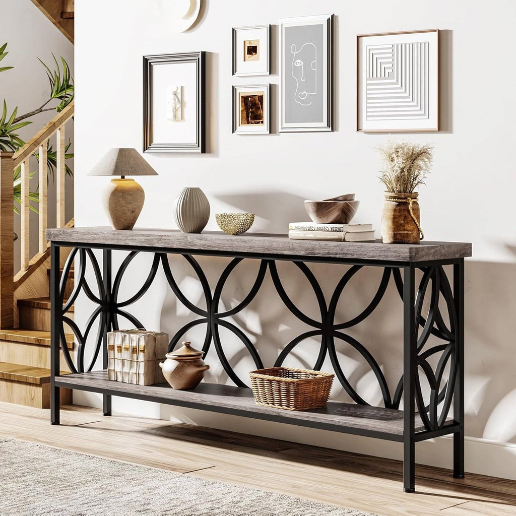 Modern 70-inch Long Narrow Foyer Entryway Table with Grey Wood Top and Shelf HomePacific
